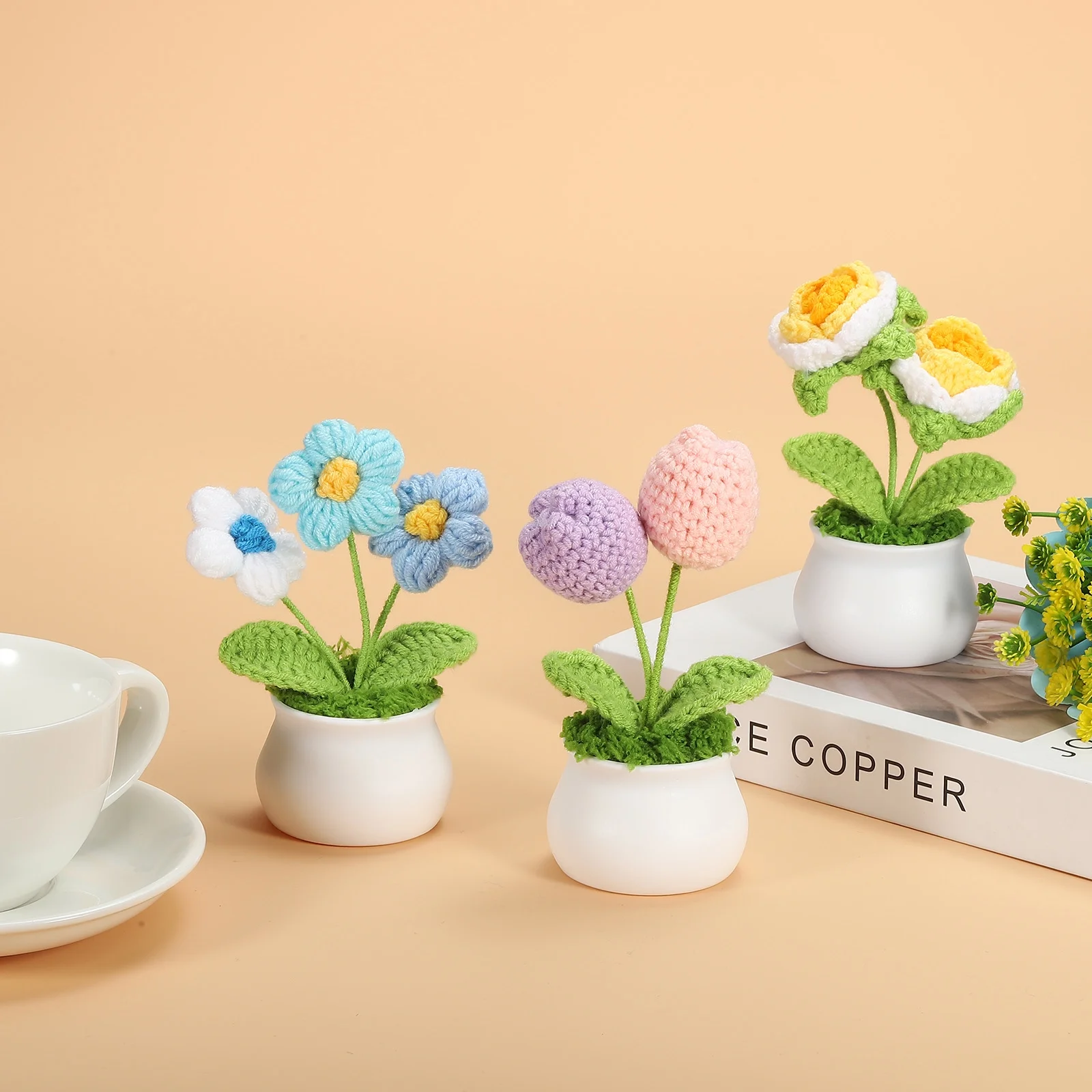 Uxcell Crochet Flowers Potted, 2 Head Rose Flower Handmade Knitted Mini Potted Plants, Gradient Pink