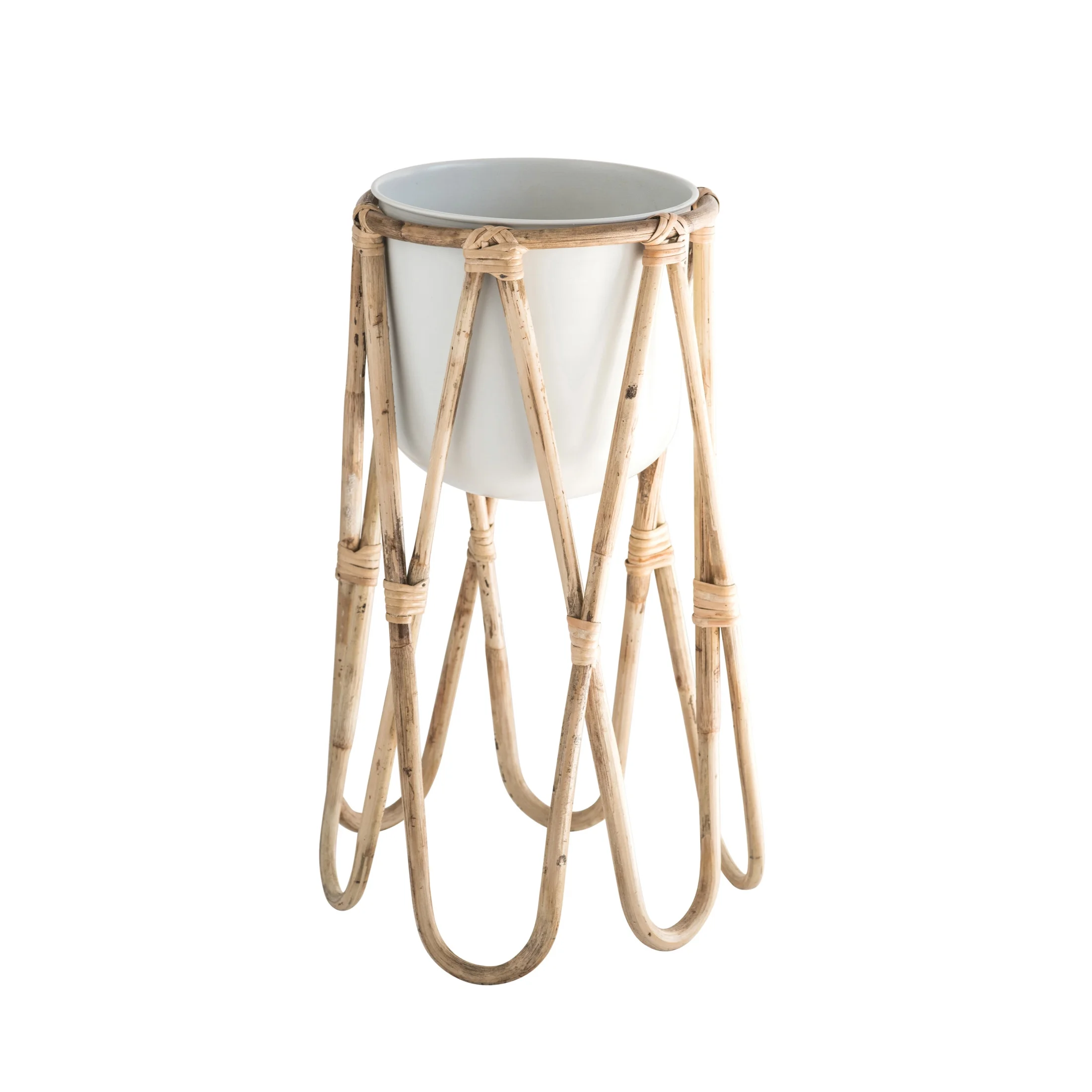 Bloomingville Off-White Metal Planter with Raised Bamboo Stand (Set of 2 Pieces)