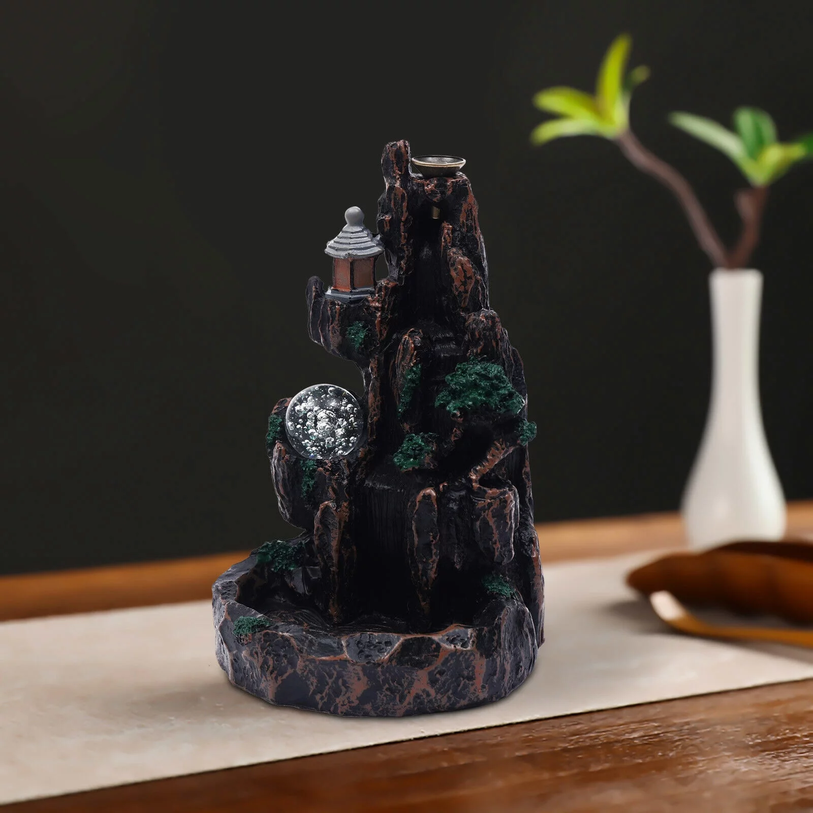 Mountain Shape Incense Fountain Smoke Waterfall Office Home Decor Aromatherapy Artistic Resin Mountain Backflow Incense Burner Holder+Crystal Ball+Sandalwood  Waterfall Smoke Backflow Incense Burner