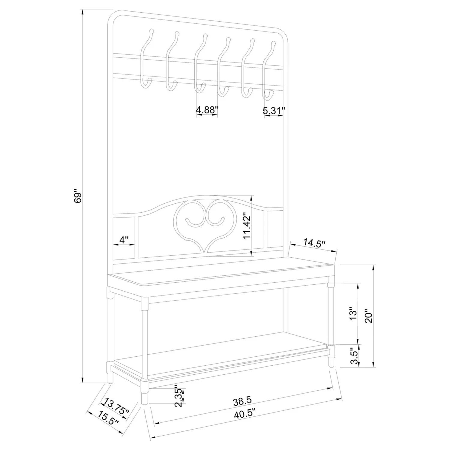 TQJKLFDY Black and Walnut 6-hook Hall Tree