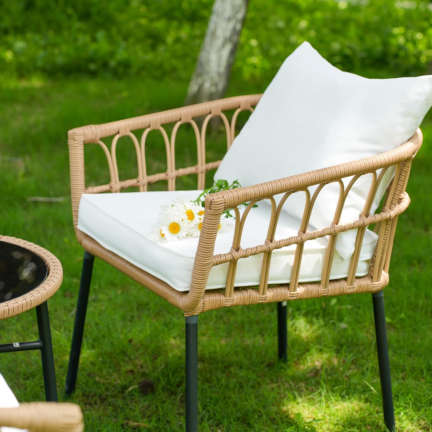 Dina 4 Pieces Patio Furniture Set  Loveseat Beige Rope Woven Dina Porch Backyard Garden Balcony Outdoor Furniture Rattan Indoor Chairs and Table Wicker Conversation Set with White Cushion