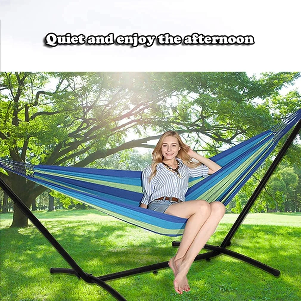 CL.HPAHKL Double Hammock with Space Saving Steel Stand for Indoor Outdoor, Heavy Duty 350lb Capacity Portable Hammocks with Carrying Bag for Garden Yard Patio Lawn, Blue