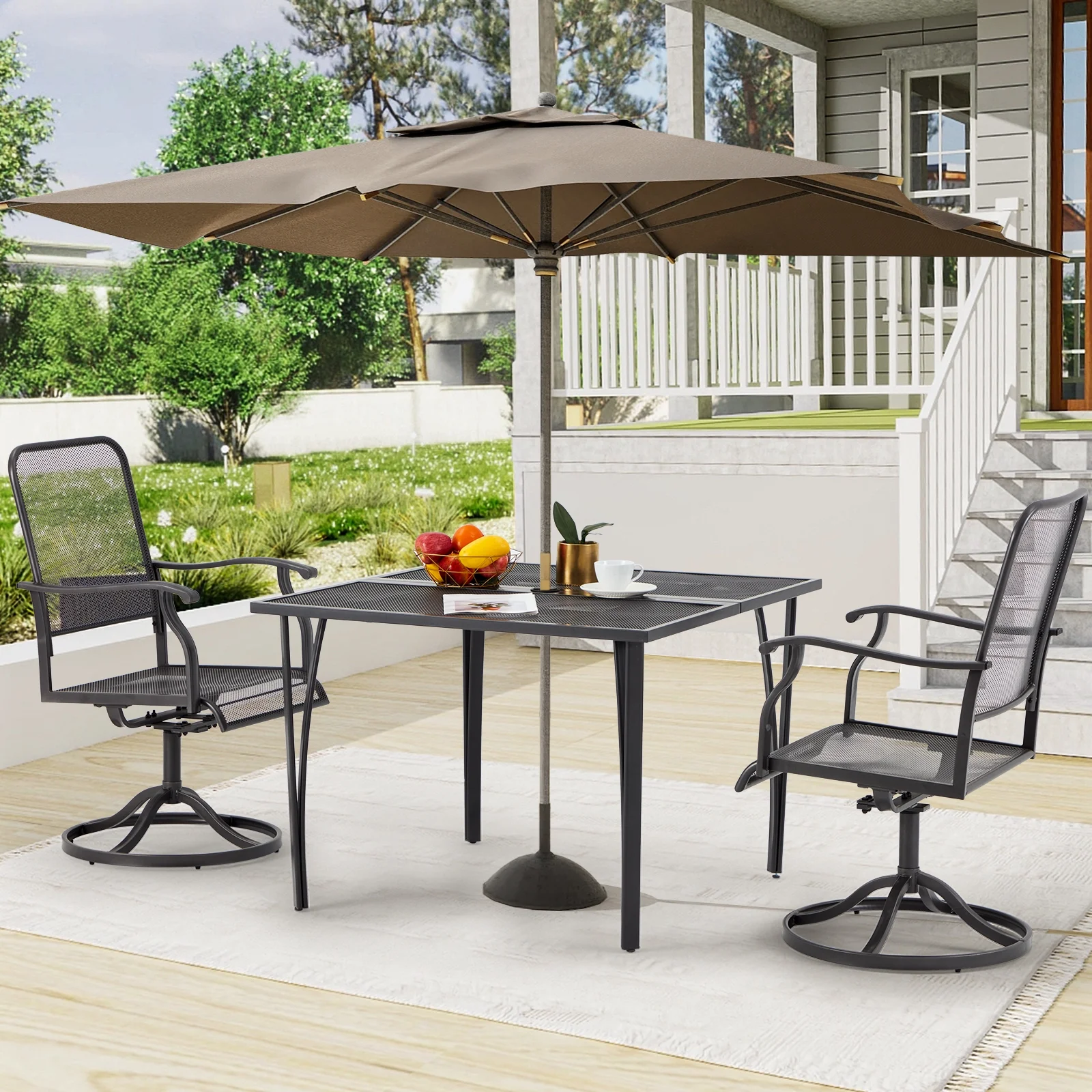AECOJOY 3-Piece Outdoor Patio Dining Set, Outdoor Furniture Bistro Set with 2 Patio Swvivel Rocking Chairs and 1 Square Patio Metal Table for Yard Garden Backyard Poolside, Dark Gray