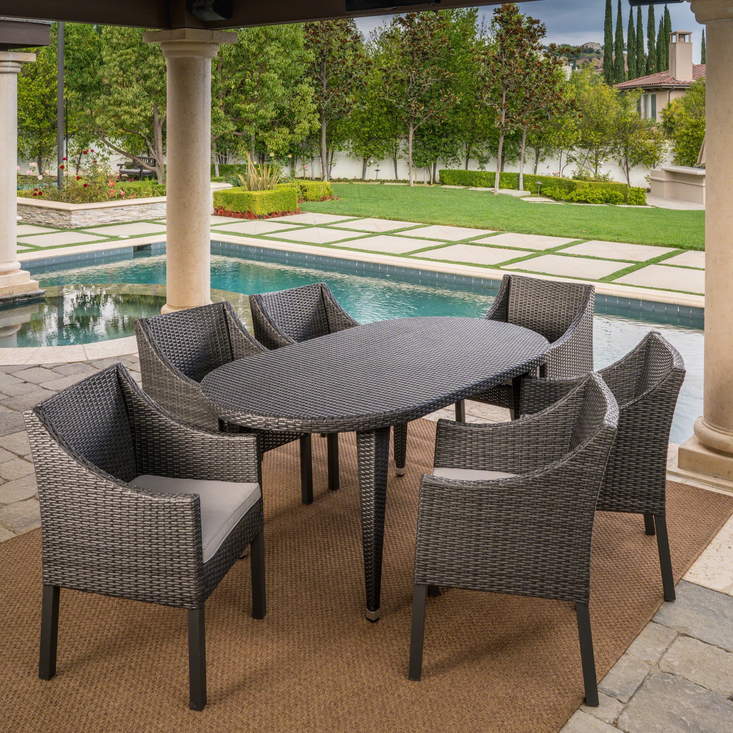 Austin Outdoor 7 Piece Wicker Oval Dining Set with Cushions, Grey, Silver