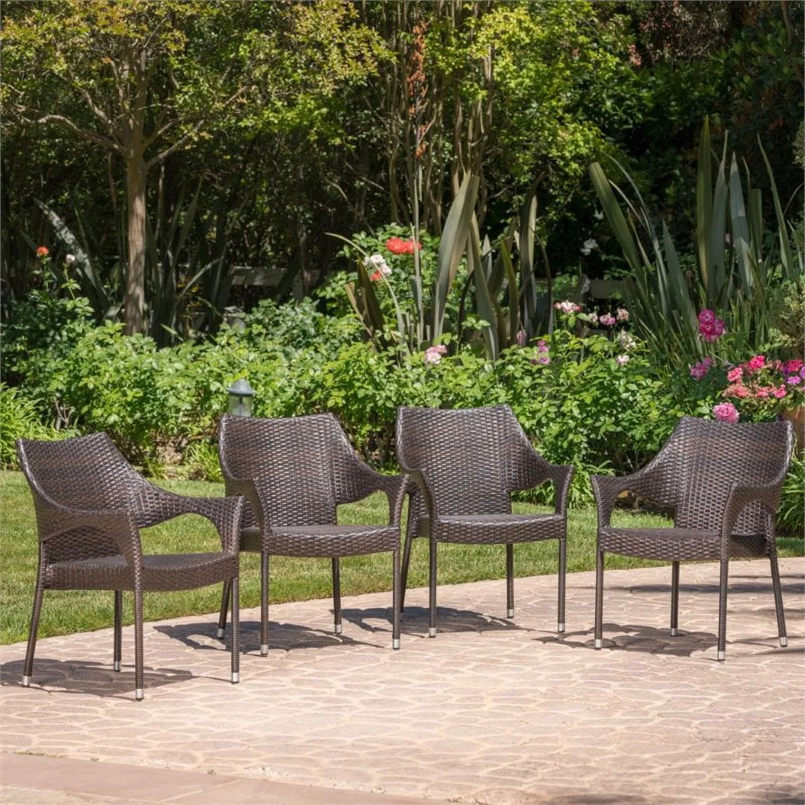 Noble House Mirage Wicker Stacking Patio Dining Arm Chair in Mocha (Set of 4)