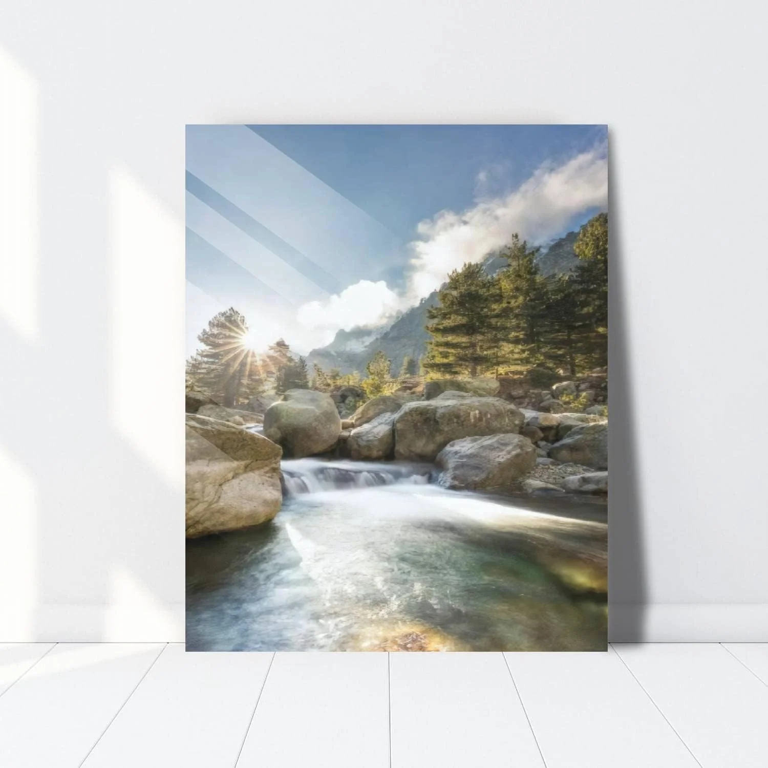 HelloGlass Tempered Glass Wall Art Decor Waterfalls and boulders at Restonica in the mountains of Corsica Prints On Glass Paingting Picture Modern Artworks For Living Room Bedroom Office 12x8inch