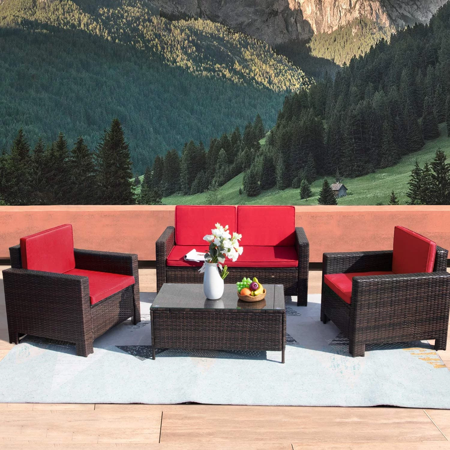 Dina 4 Pieces Outdoor Patio Furniture Sets Rattan Chair Wicker Conversation Sofa Set  Outdoor Indoor Backyard Porch Garden Poolside Balcony Use Furniture (Red)