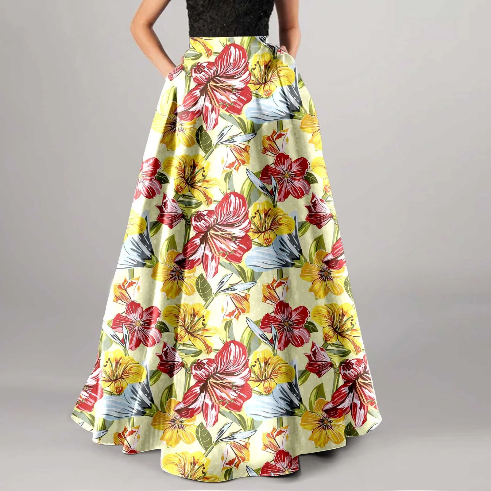 Winter Skater Skirt Women Bohemian Floral Print Maxi Skirt High Waist Pocket Party Beach Long Skirt Skirts For Women