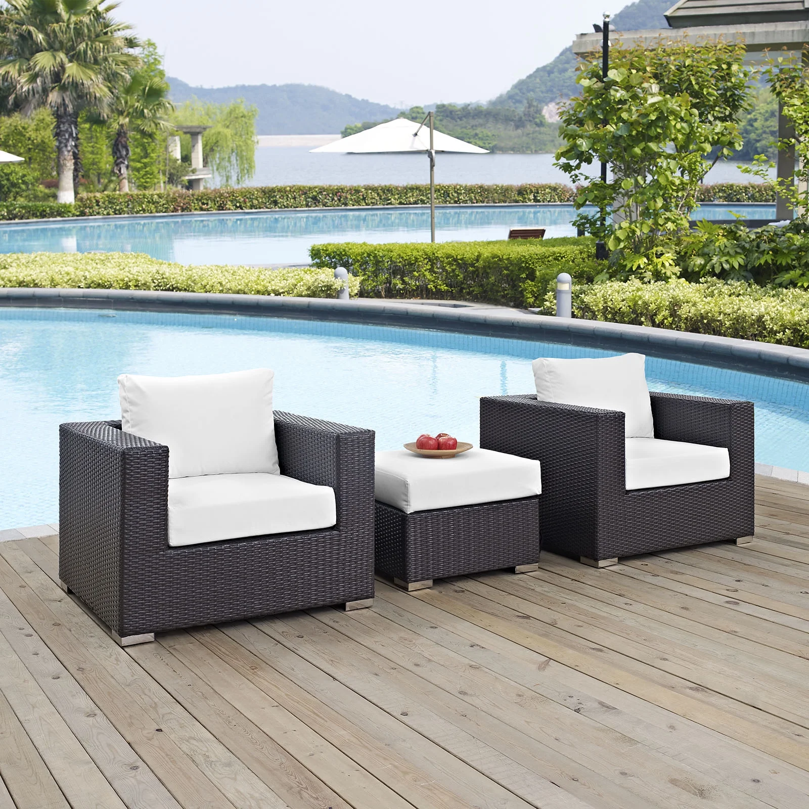 Modern Contemporary Urban Design Outdoor Patio Balcony Three PCS Sofa Set, White, Rattan