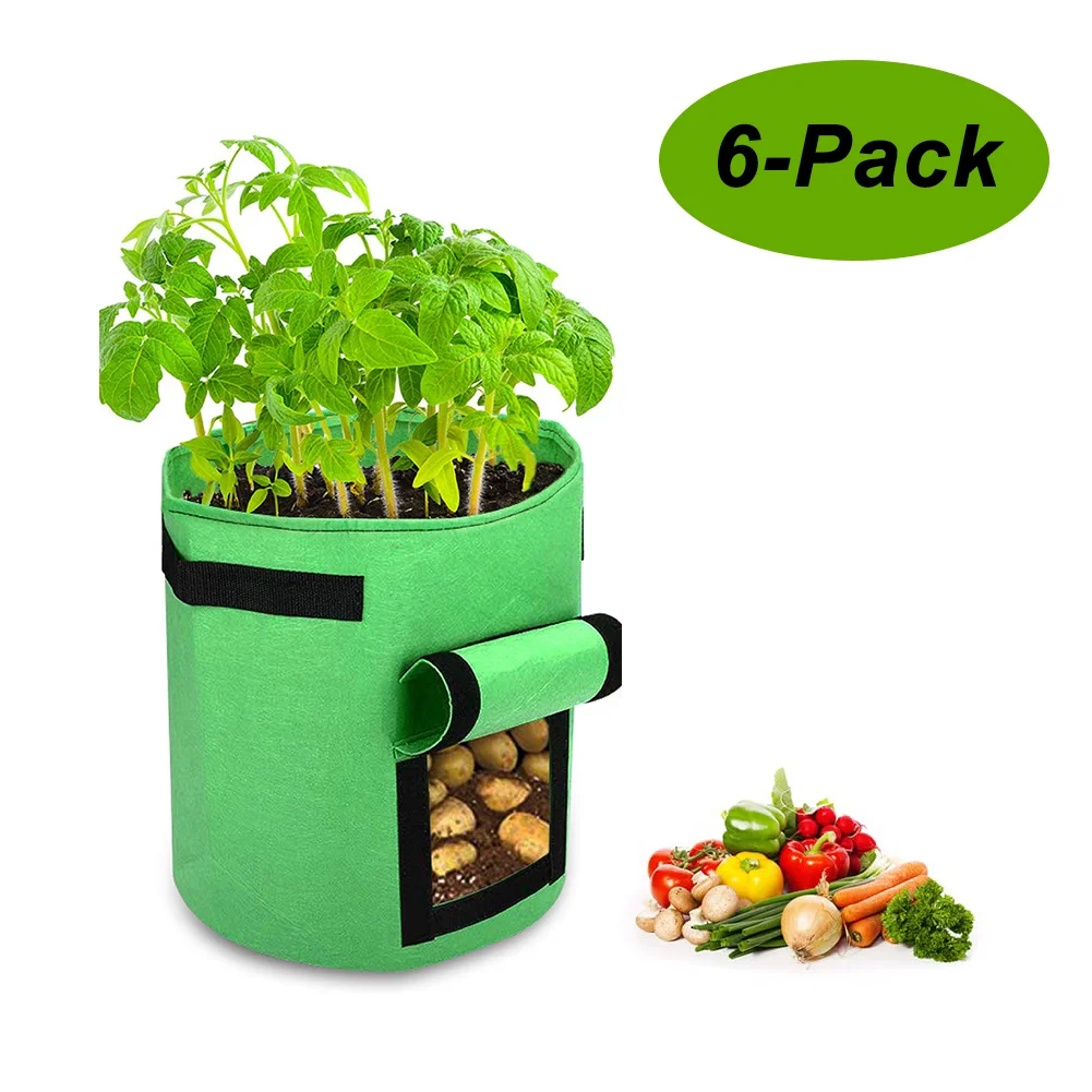 7 Gallon Grow Bags, 6-Pack, Reusable Breathable Non-woven Planting Pots with Handles and Access Flap(Green)