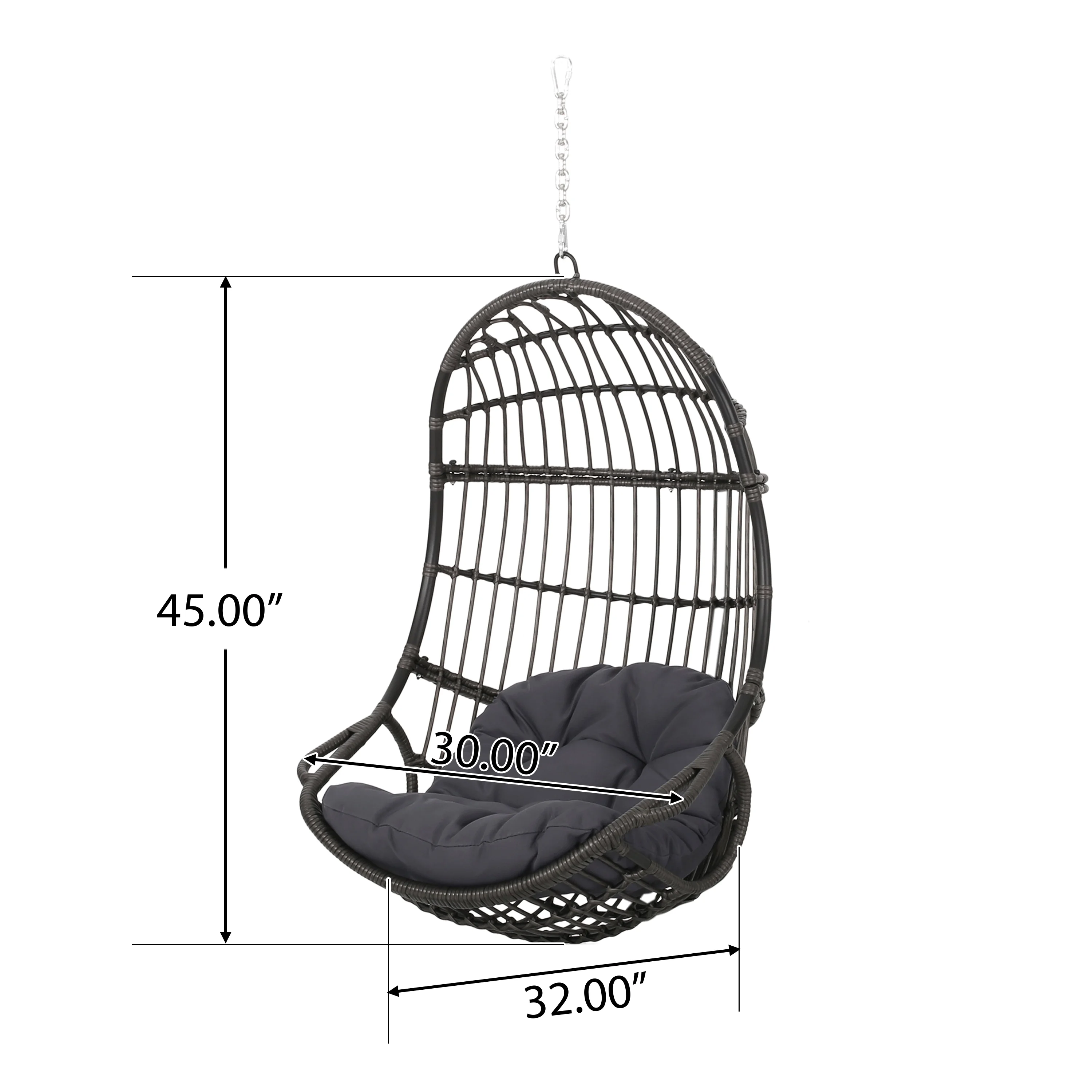 GDF Studio Perry Outdoor Wicker Hanging Basket Chair with Cushions, Gray, Dark Gray