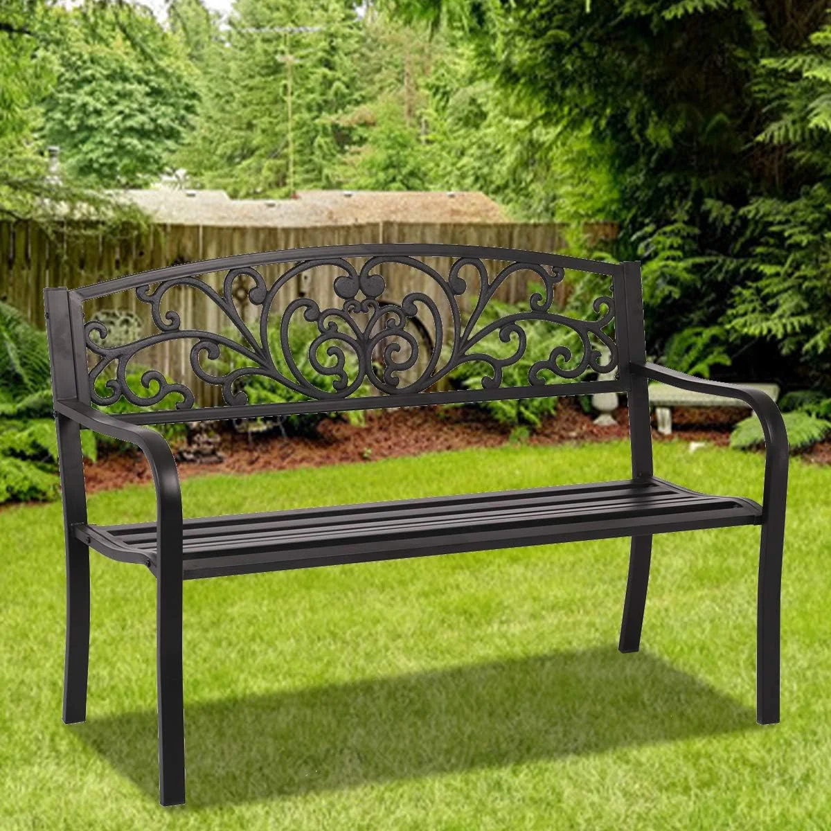 Elegant Bench Garden Bench Outdoor Porch Metal Bench Chair with Steel Frame Elegant Park Bench Furniture 480 LBS Outdoor Bench for 2 Person, Black, 50 in