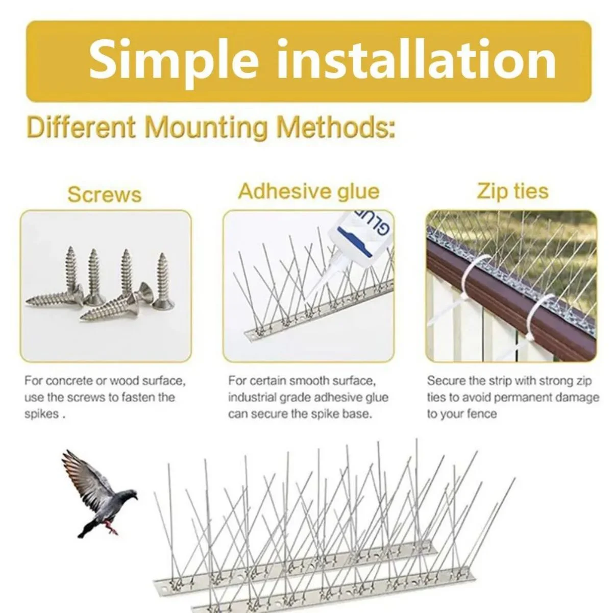 WSYW 5 Pack Bird Squirrel Deterrent Spikes w/Stainless Steel Base Bird Repellent Arrow Pigeon Fence(100 Spikes)