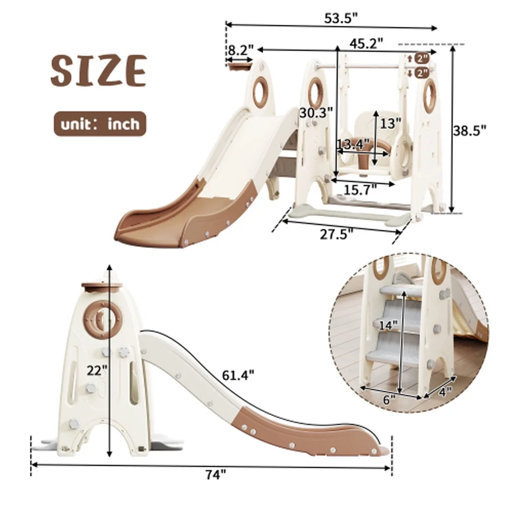 4 in 1 Slide and Swing Set, Kids Playground Climber Slide Playset with Basketball Hoop,Freestanding Combination - Coffee