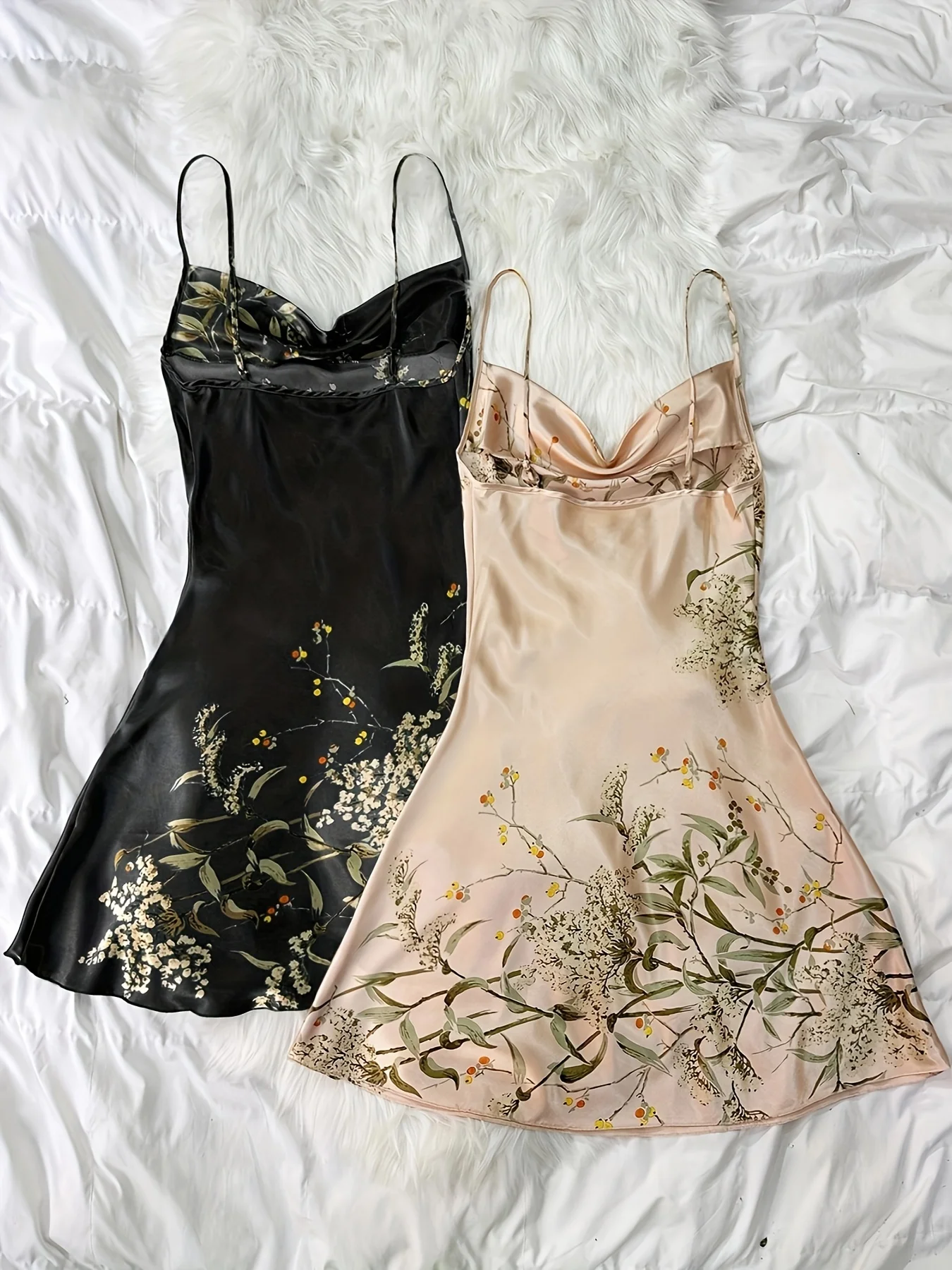 Jkzcp  2-piece Set  Women‘s Satin Cherry Print Slip Nightgown  Fashionable & Sexy  Spaghetti Strap Sleep Dress  Seasonal Loungewear