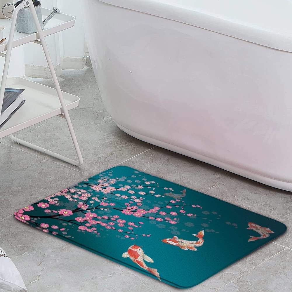 Cherry Blossoms Bath Mat Asian Decor Red Plum Blossom Bloom Trees Branch Koi Tradition Japanese Ink Painting Art Abstract Natural Bathroom Decor Indoor Carpet Bathtub Rugs 17.7 x 29.5 Inch