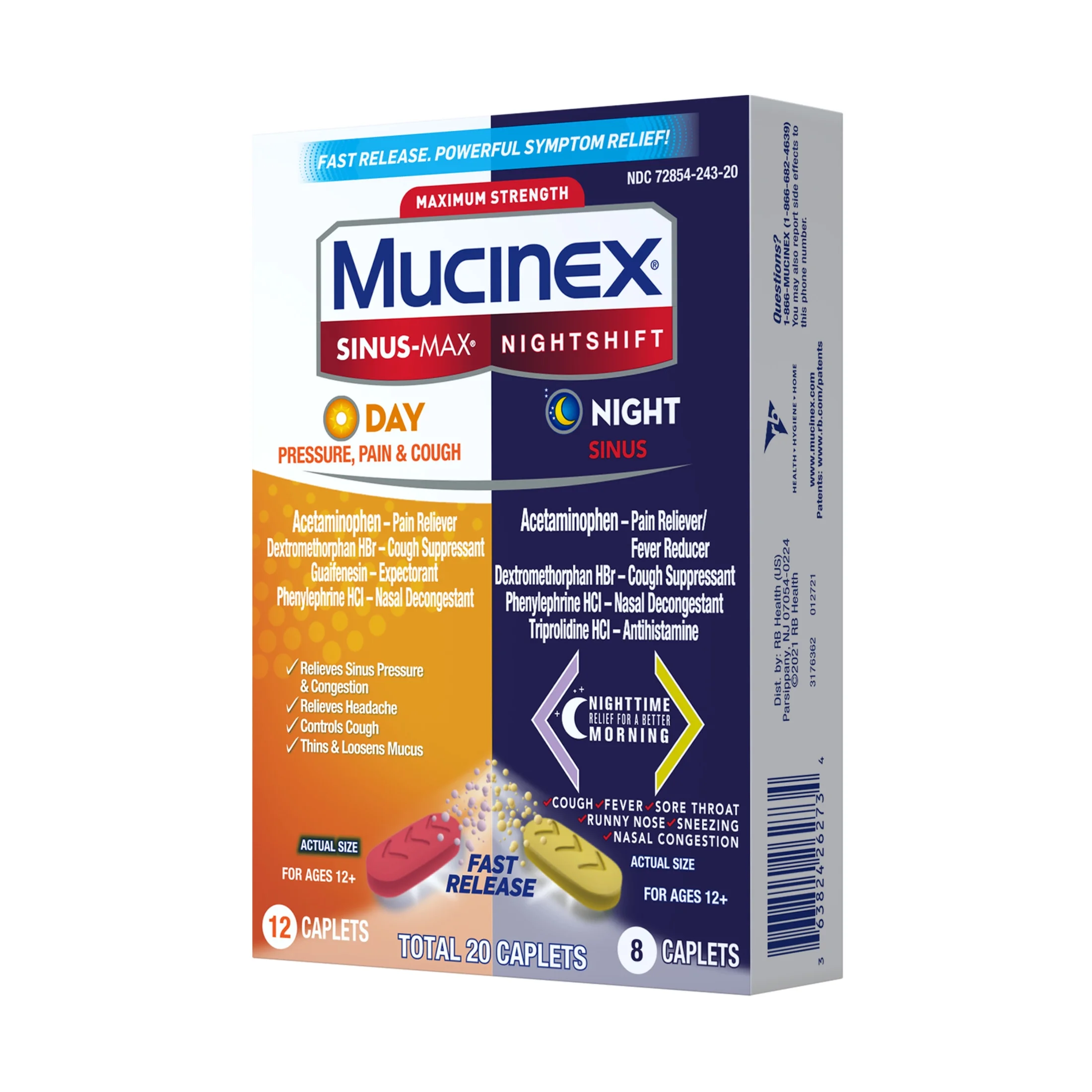 Mucinex Sinus-Max Day Pressure, Pain & Cough & Nightshift Sinus Medicine, OTC Symptom Relief, 20 Caplets