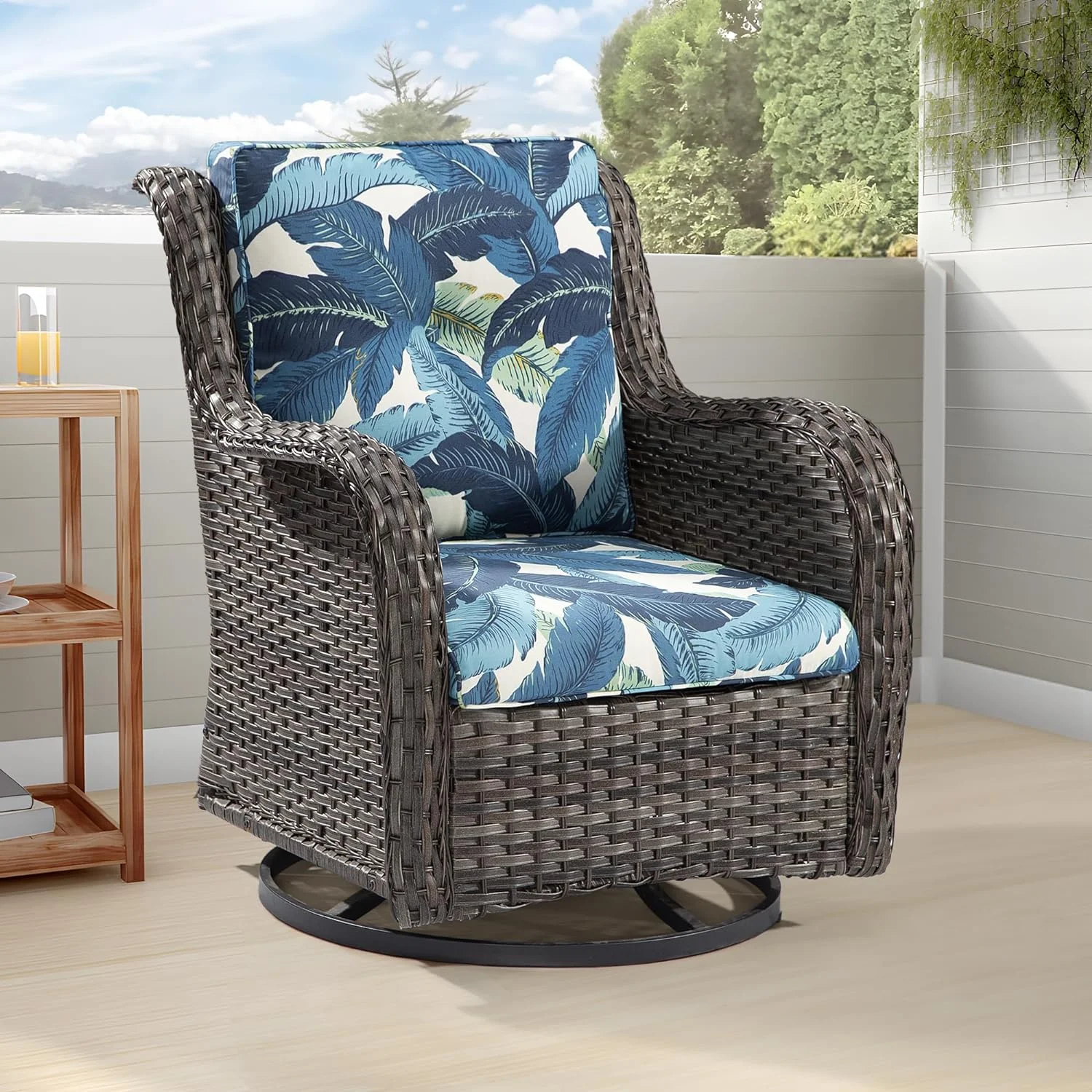 Dina Outdoor Swivel Rocker Chair  High Back Swivel Patio Chairs Wicker Furniture  1PC Rattan Swivel Rocking Chair with OIefin Cushions  Herringbone Navy
