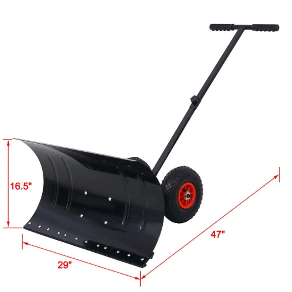 Snow Shovel with Wheels, Snow Pusher, Cushioned Adjustable Angle Handle Snow Removal Tool, 29