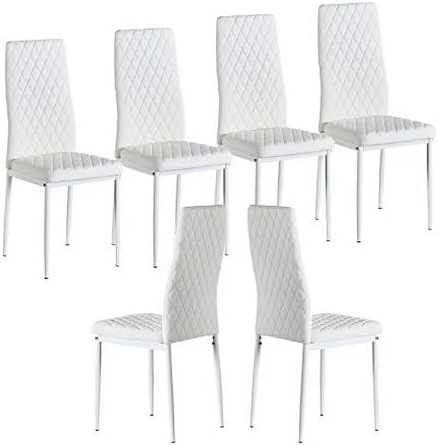 NLTBONNIE Set of 6 Leather Dining Chairs Set  with Upholstered Cushion & High Back  Powder Coated Metal Legs  Rhombus Pattern Seats  Household