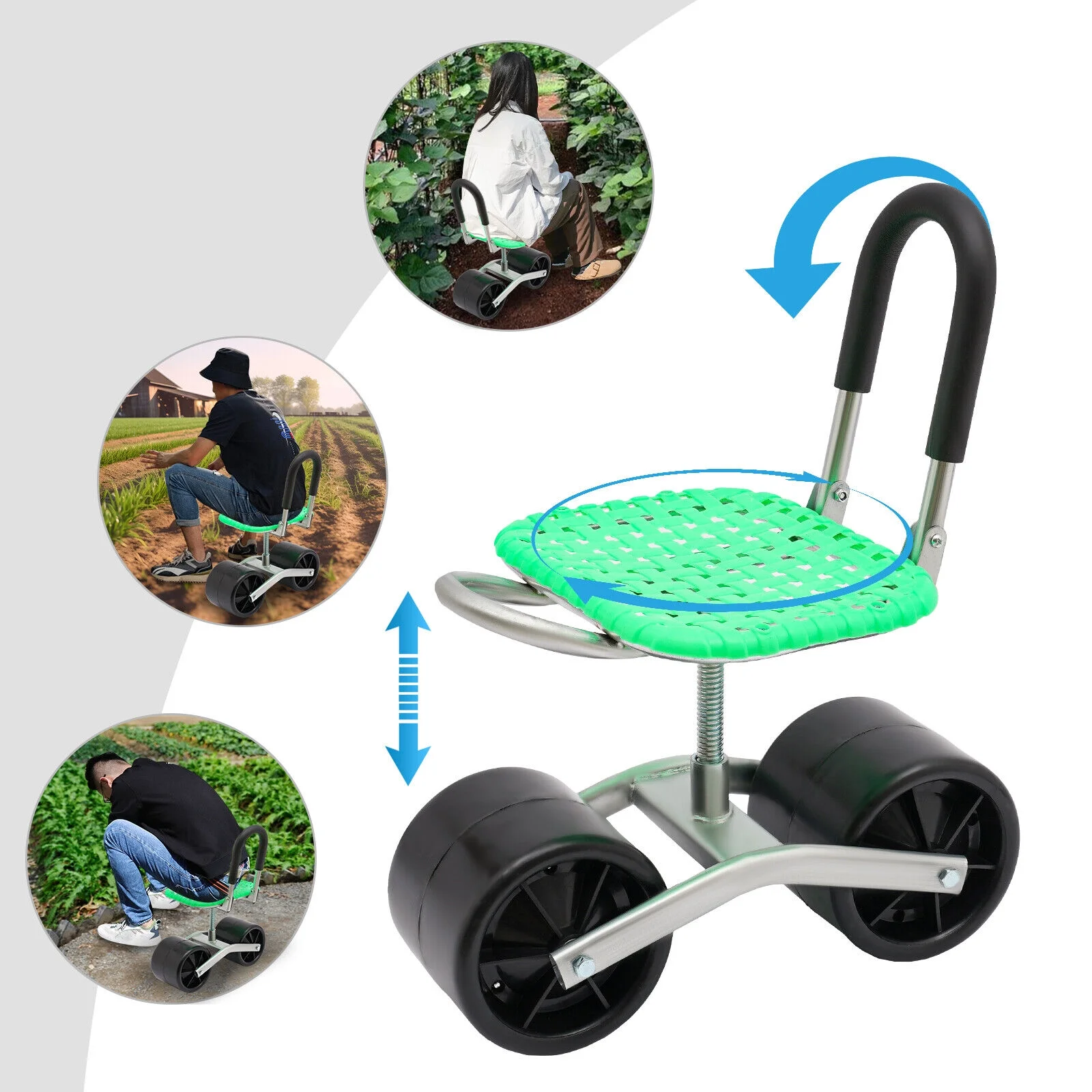 Height Adjust 360° Rotates Gardening Seats w/2 Rolling Wheels Stool Kneeling Pad