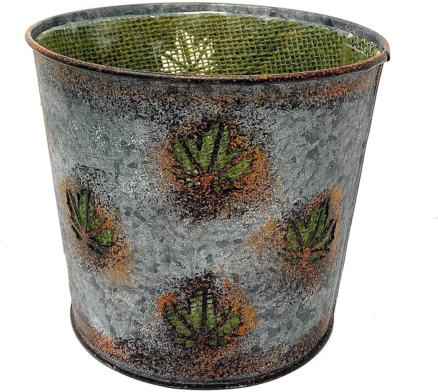 S/2 Metal Pots Planters Buckets Fall Autumn Thanksgiving Decor Maple Leaf Design Indoor Outdoor 5.5