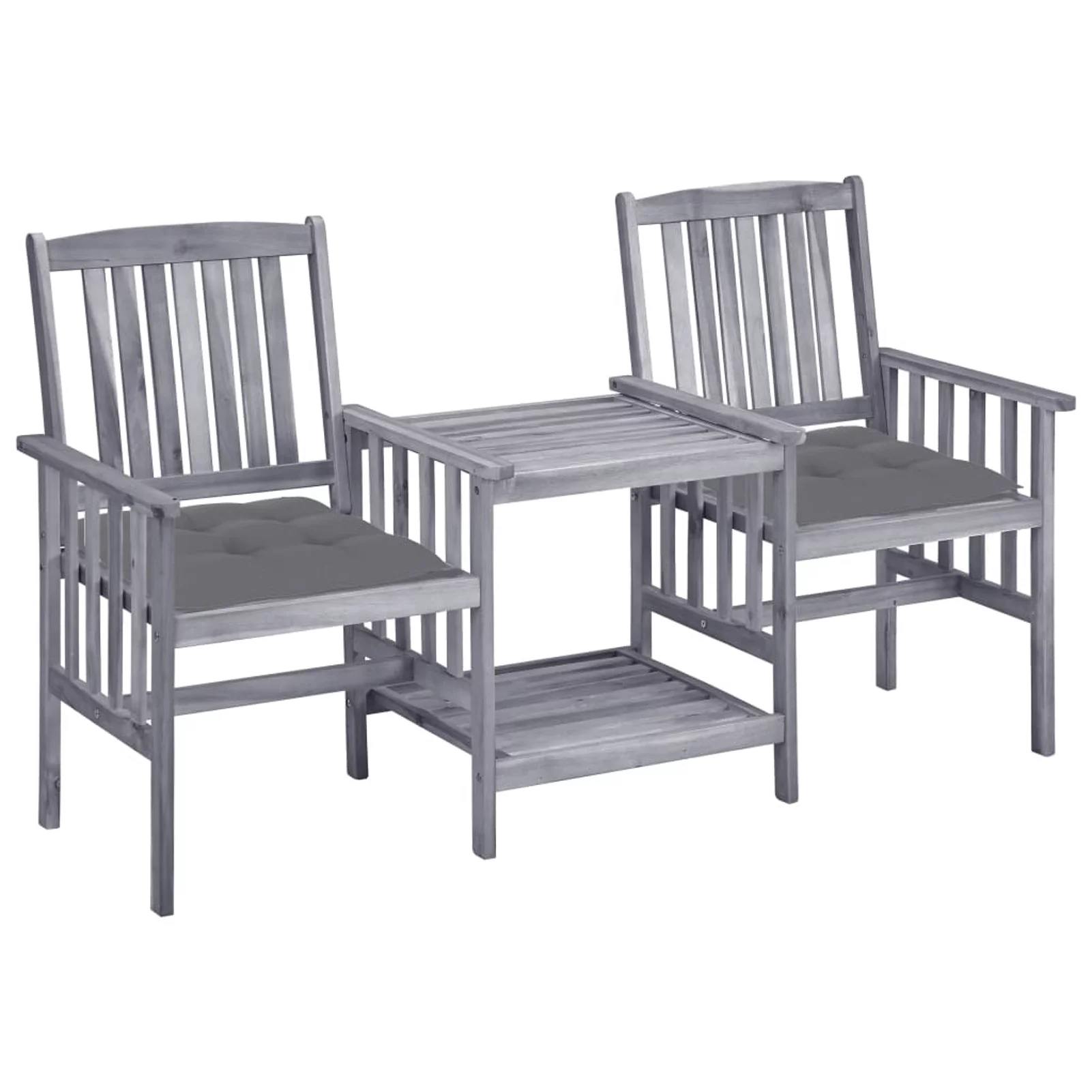 Anself Patio Chairs with Cushion and Tea Table with Storage Shelf Gray Acacia Wood Bistro Set for Backyard, Balcony, Lawn, Pool,  Furniture 62.6 x 24 x 36.2 Inches (L x W x H)