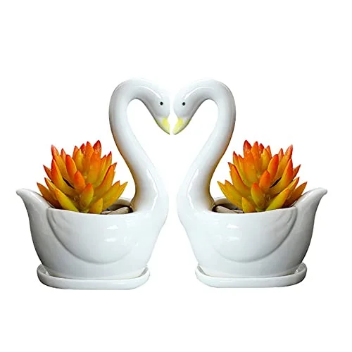 2 Pack Small White Ceramic Pots for Succulents Cute Swan Shaped Succulent Planters with Drainage Tray 3 Inch Decorative Flower Pots for Indoor & Outdoor Succulent Cactus Plants