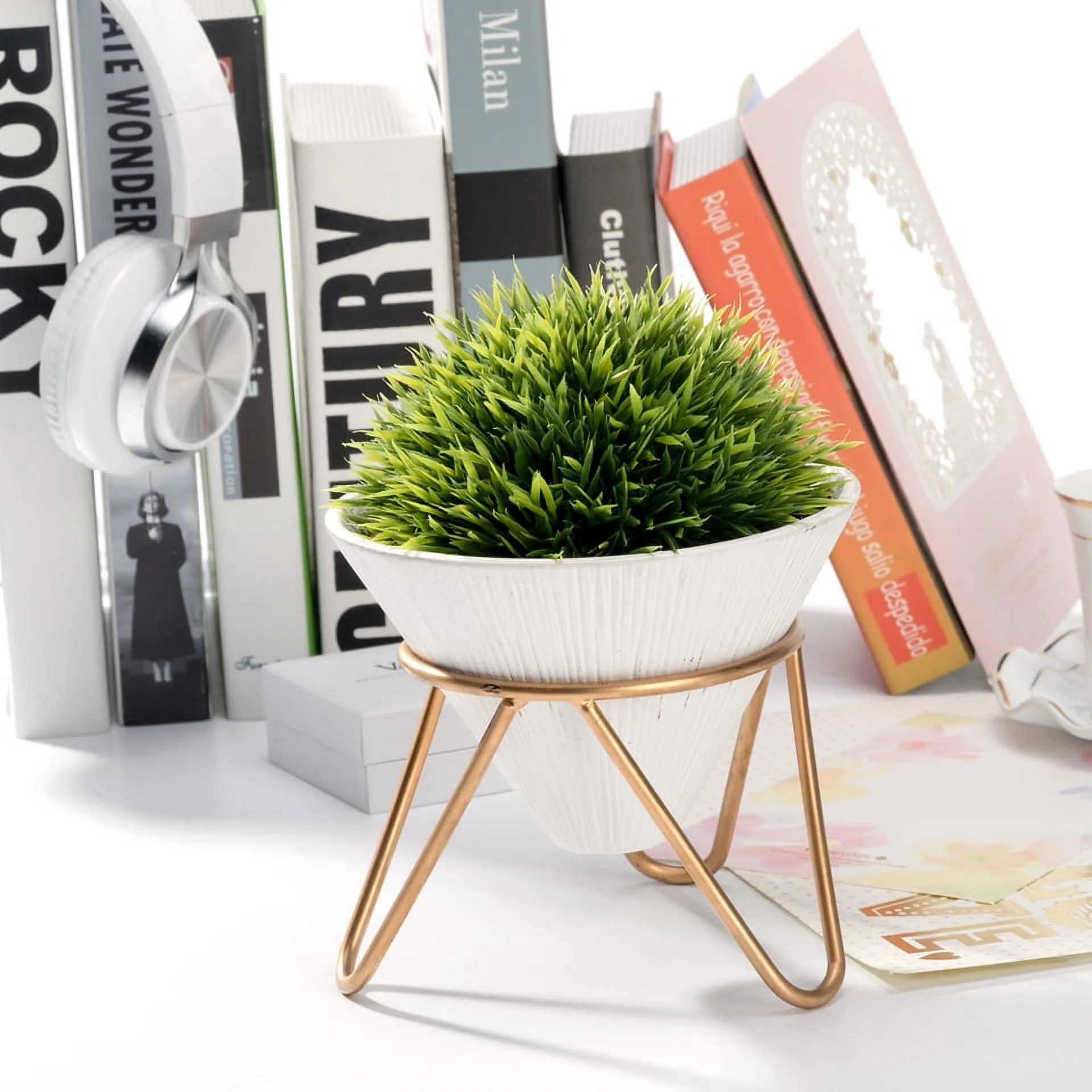 K-Cliffs Modern Design Artificial Plant Potted in a Conical Shape White Ceramic Pot with a Removable Galvanized Brass Metal Rack…