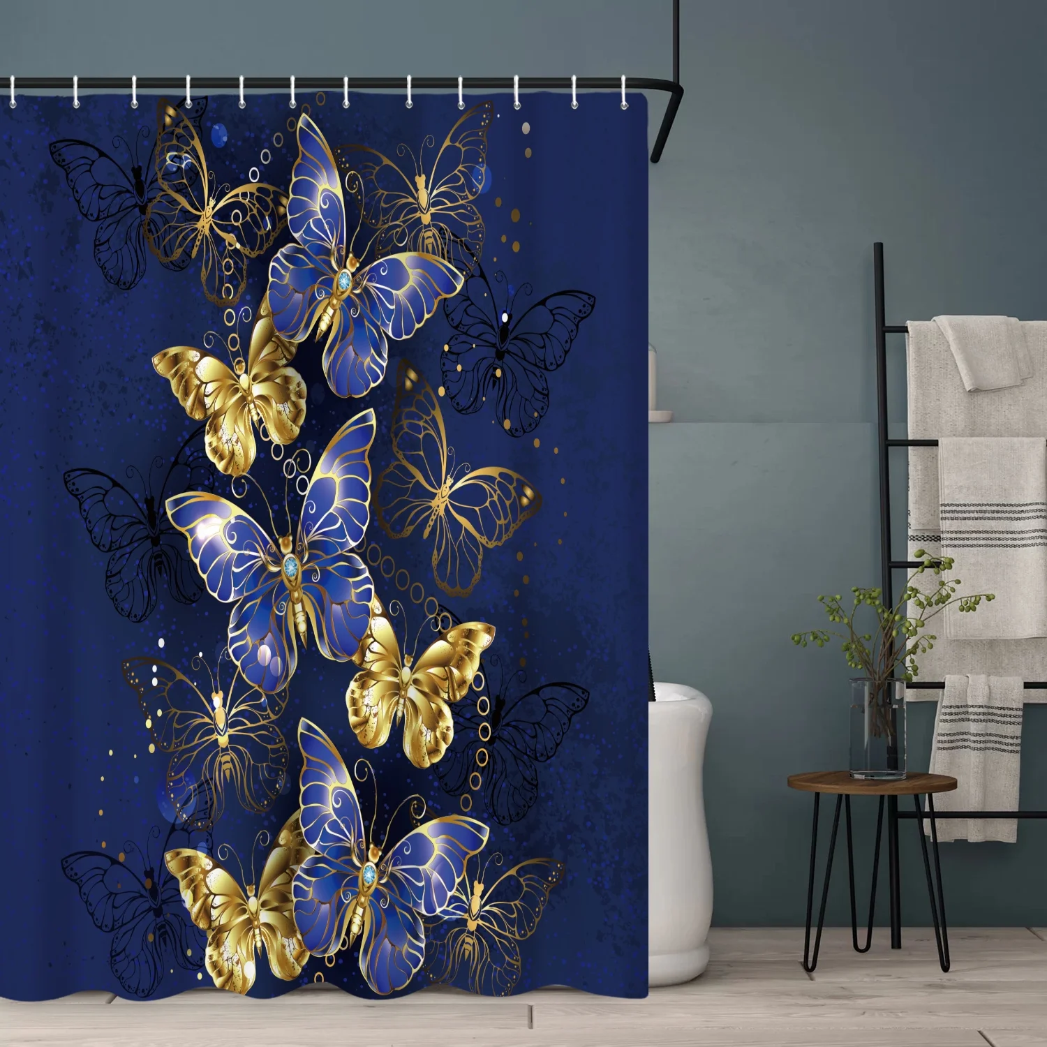 SUNOLIFE Blue Butterfly Shower Curtain Navy Blue Waterproof Fabric Bathroom Curtain with Hooks,72x72 in