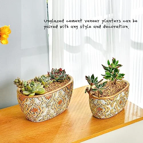 Sungmor Cement Planter Succulent Pots, Set of 2 Concrete Cactus Plant Pot with Drainage Hole, Embossed Design Flower Pot for Home Office Decor, 4.9 Inch & 6.1 Inch Indoor Outdoor Plants Container