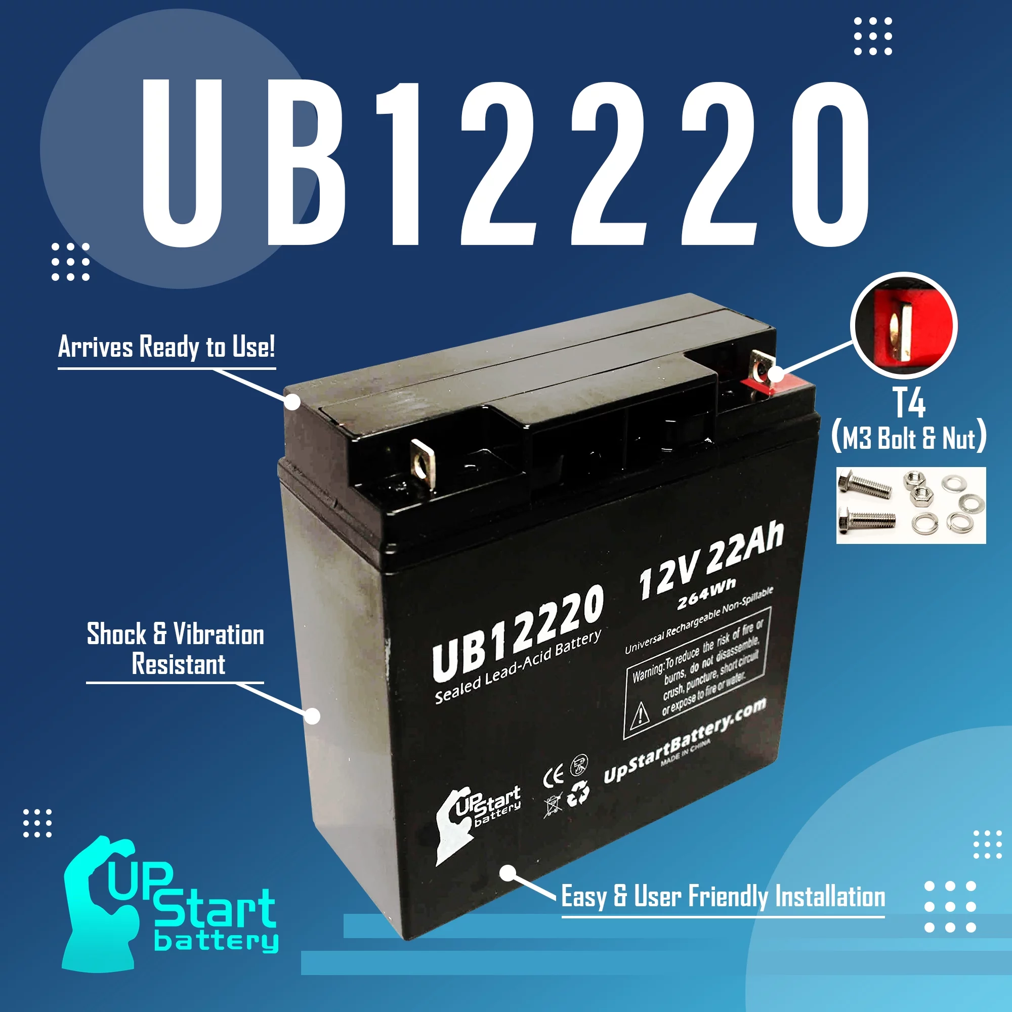 4x Pack - Compatible Hitachi HP1512F Battery - Replacement UB12220 Universal Sealed Lead Acid Battery (12V, 22Ah, 22000mAh, T4 Terminal, AGM, SLA)