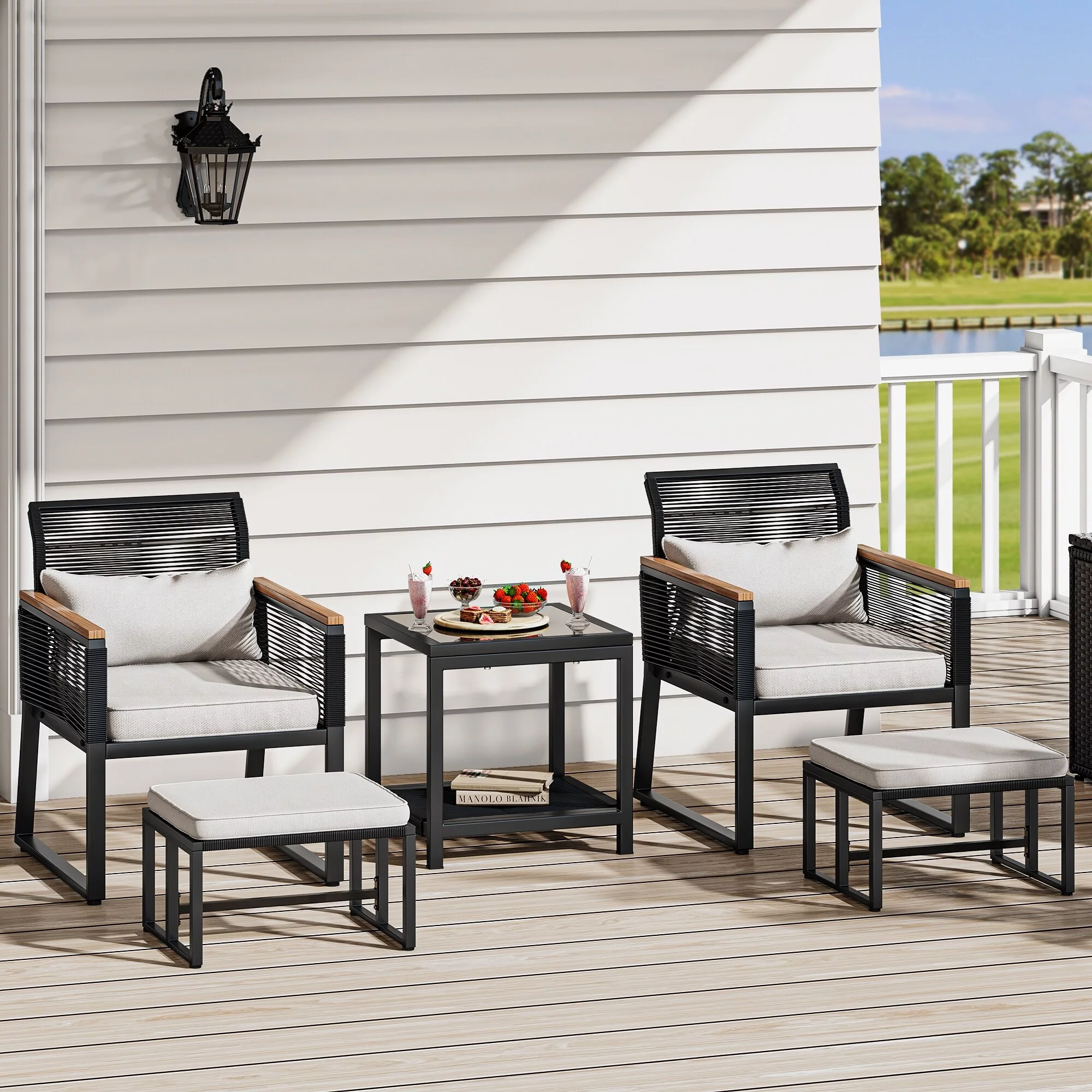5-Piece Patio Wicker Bistro Set with Cushions - 23.2