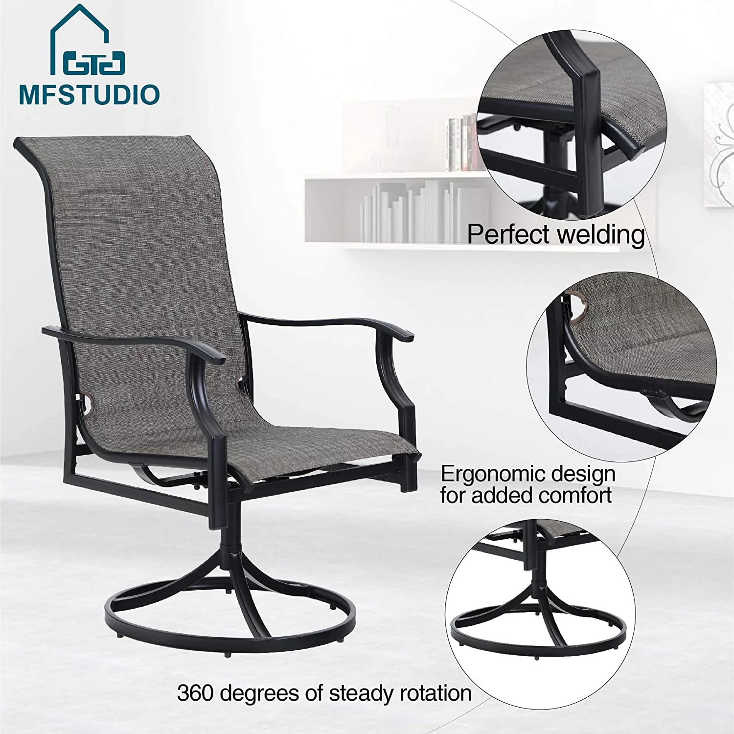 5 Pieces Patio Dining Set  Square Black Metal Mesh Table with 4 Padded Textilene High Back Swivel Chairs  Outdoor Furniture Set with Umbrella Hole for Garden  Poolside  Backyard  Porch