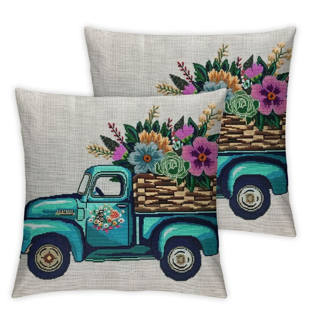 Nawypu Happy Easter Day Throw Pillow Cover Vintage Truck Flower Bless Our Nest Cushion Cover Spring Easter Farmhouse Decor Pillowcases,for Couch/Sofa/Bedroom/Patio,Set of 2