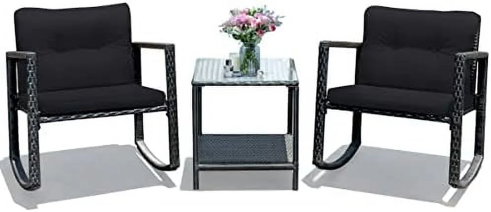 DSZBNUIO 3 Pieces Patio Wicker Rocking Set  Outdoor Rocking Chairs and Table Set with Cushions  Glass Coffee Table with    Suitable for Patio  Garden  Poolside  Balcony (Beige)