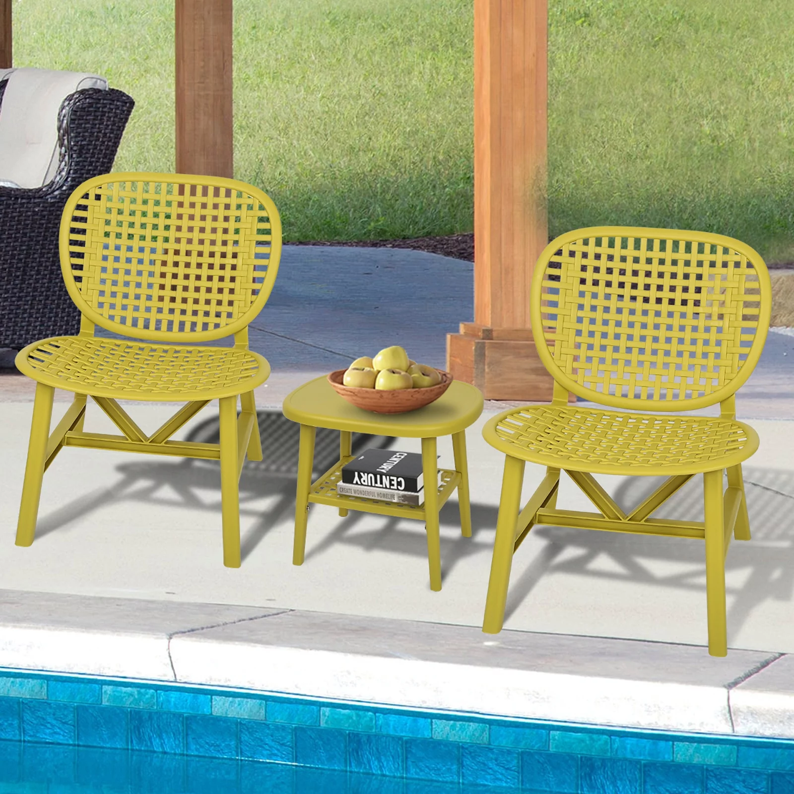 Tomshoo 3 Pieces Hollow Design Patio Table Chair Set All Weather Conversation Bistro Set  Coffee Table with Open Shelf and Chairs with Widened Seat for Balcony Garden Yard Yellow
