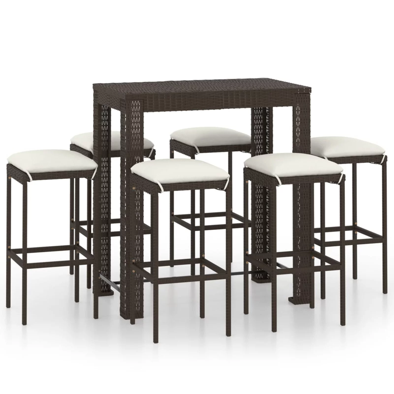 Dcenta 7 Piece Patio Bar Set with Cushions Poly Rattan Brown