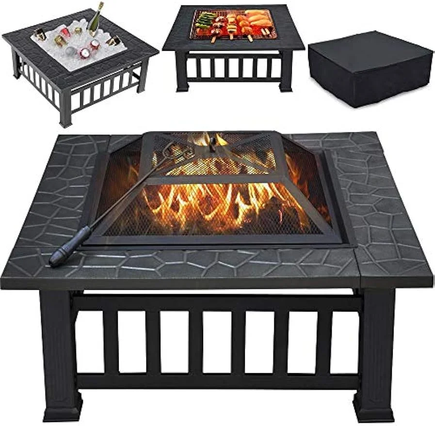 Multifunctional Fire Pit Table 32in Square Metal Firepit Stove Backyard Patio Garden Fireplace for Camping, Outdoor Heating, Bonfire and Picnic