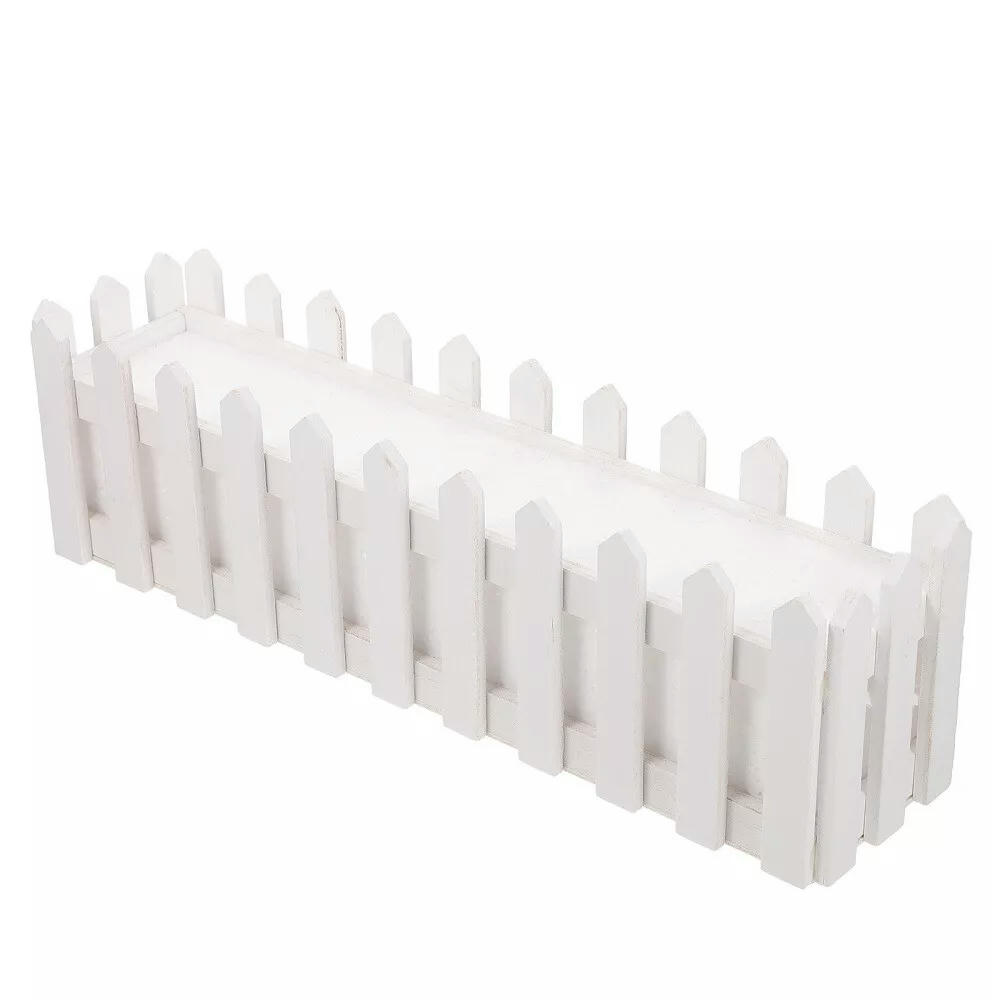 Flowerpot Wooden White Picket Fence Garden Bed Planter Faux Cactus