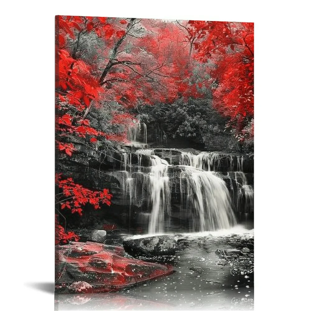 Nawypu  Black and White Red Waterfall Canvas Prints Wall Art For Bathroom Home Decor Modern Landscape Red Woods Pictures Printing Paintings for Bedroom