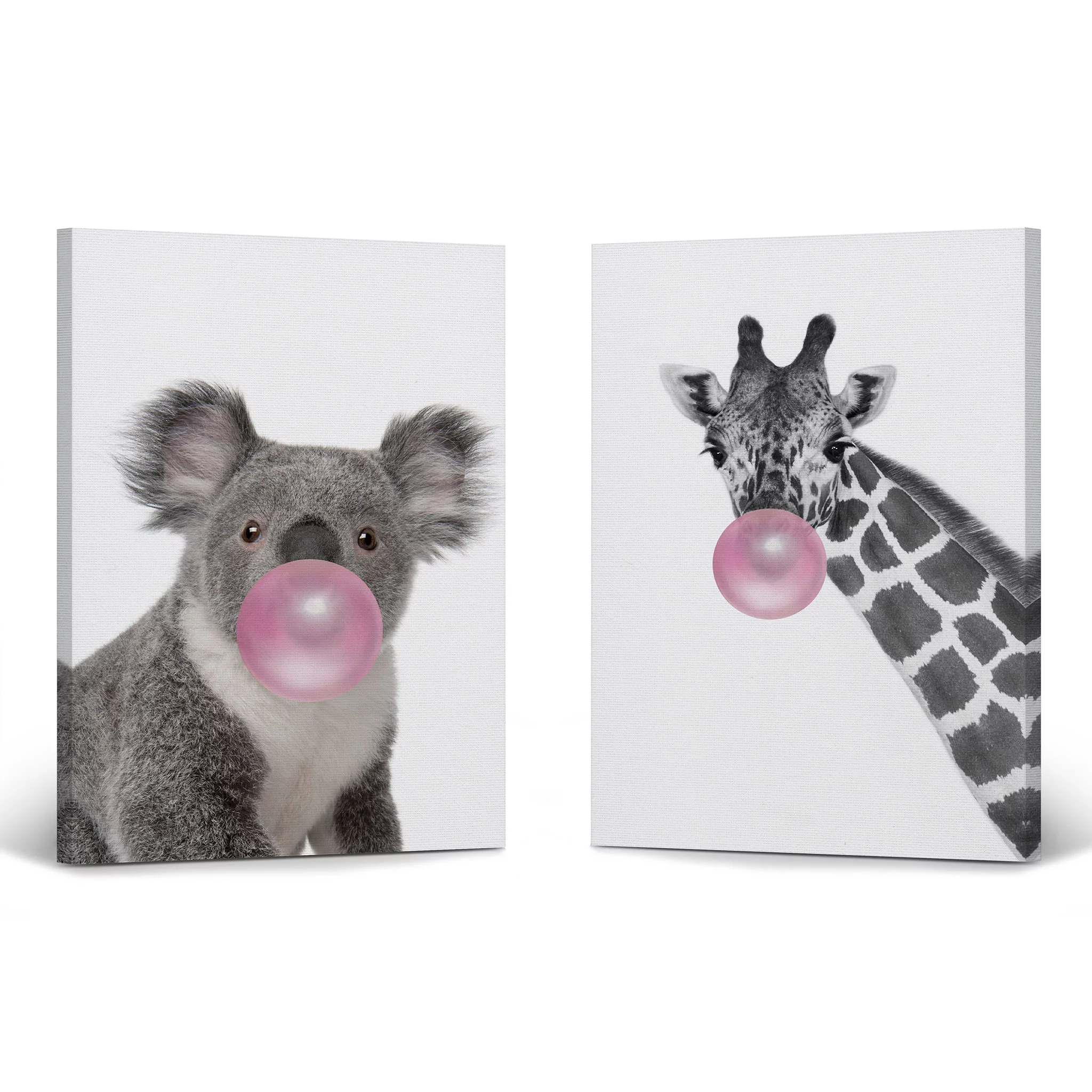 Smile Art Design Koala and Giraffe Animal Bubble Gum Art 2 PANEL CANVAS PRINT SET Pink Gum Black and White Wall Art Home Pop Art Living Room Kids Room Nursery Ready to Hang Made in USA 12x8