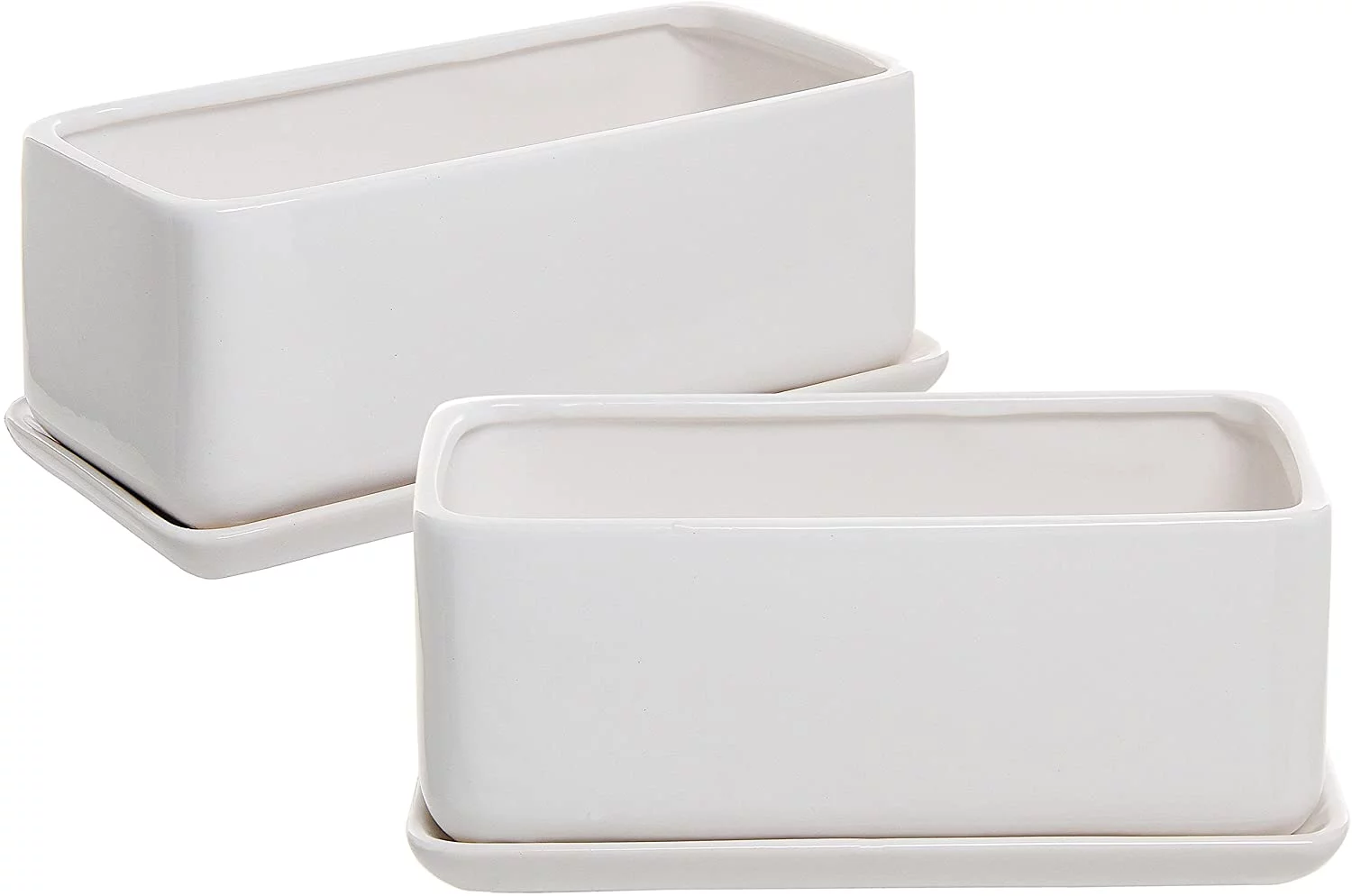 MyGift 10 Inch White Ceramic Rectangular Succulent Planters with Removable Tray, Set of 2