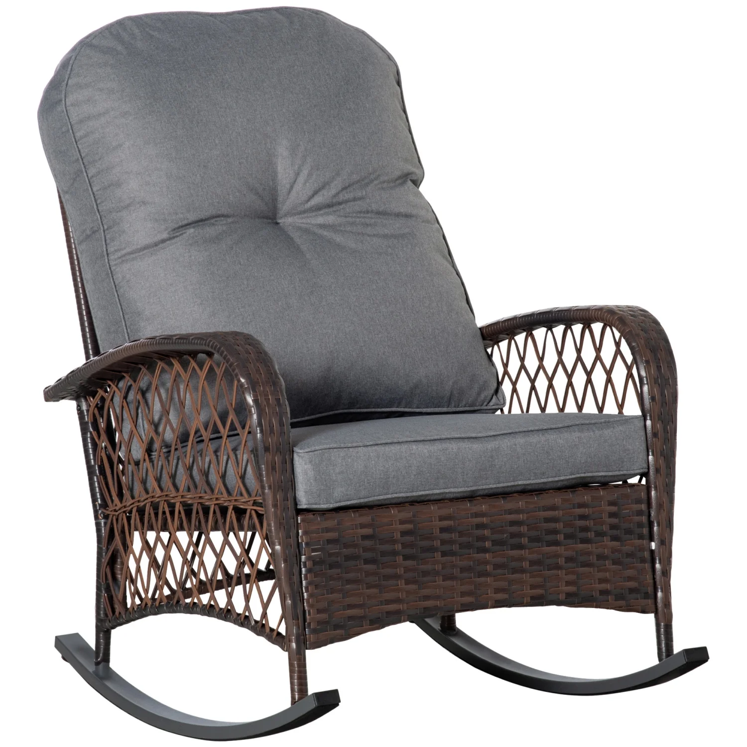 YPDCHB Outdoor Wicker Rocking Chair with Wide Seat  Thick  Soft Cushion  Rattan Rocker w/Steel Frame  High Weight Capacity for Patio  Garden  Backyard  Grey