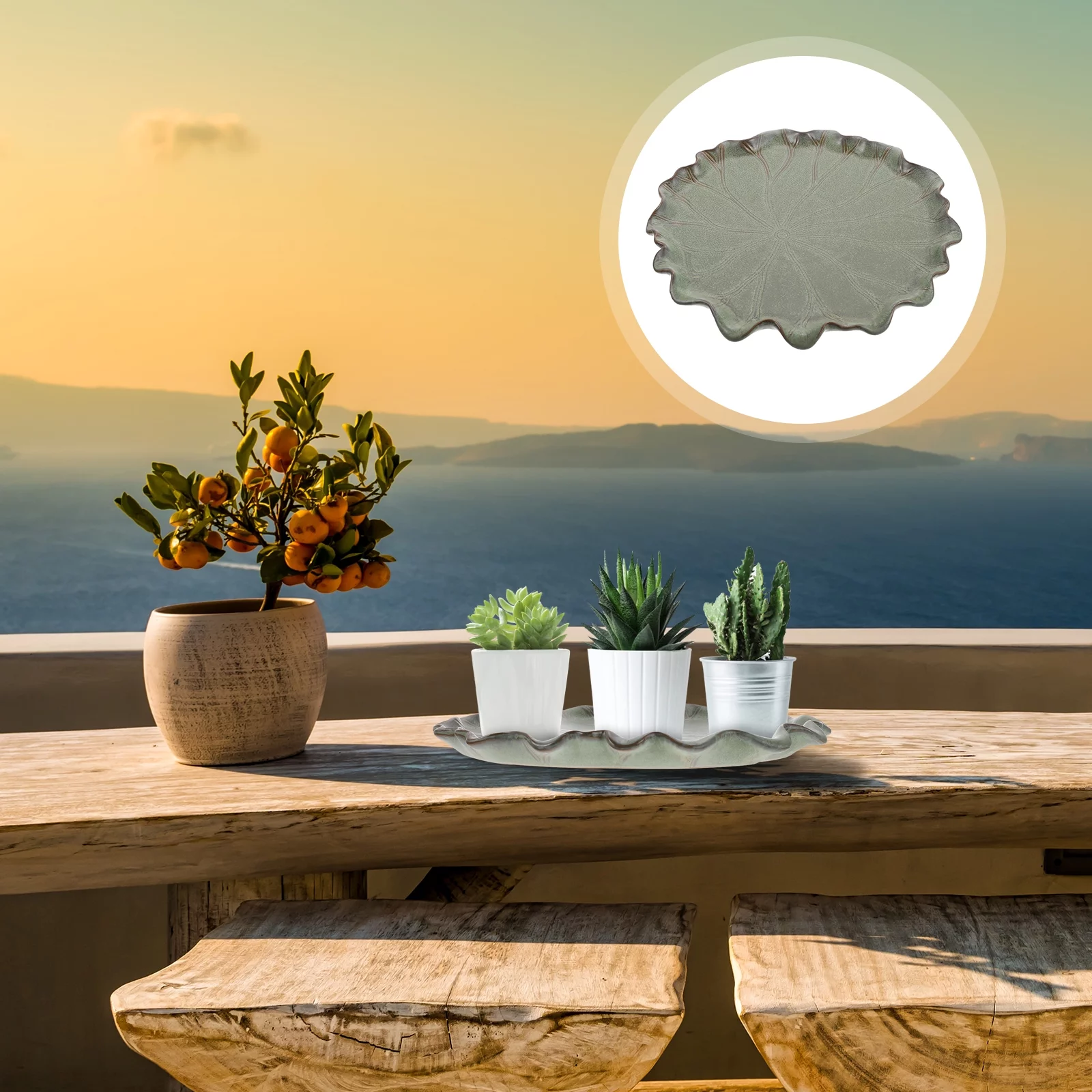 Guichaokj 1Pc Ceramic Flowerpot Tray Bonsai Base Balcony Succulent Pot Lotus Leaf Tray