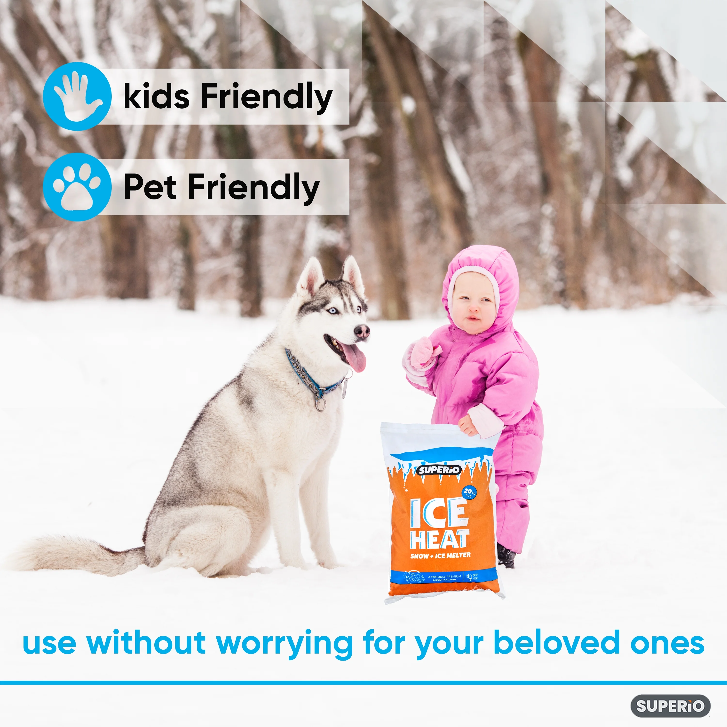 Superio Calcium Chloride Pellets, Snow, and Ice Melter, White, 9 lb. Jug.