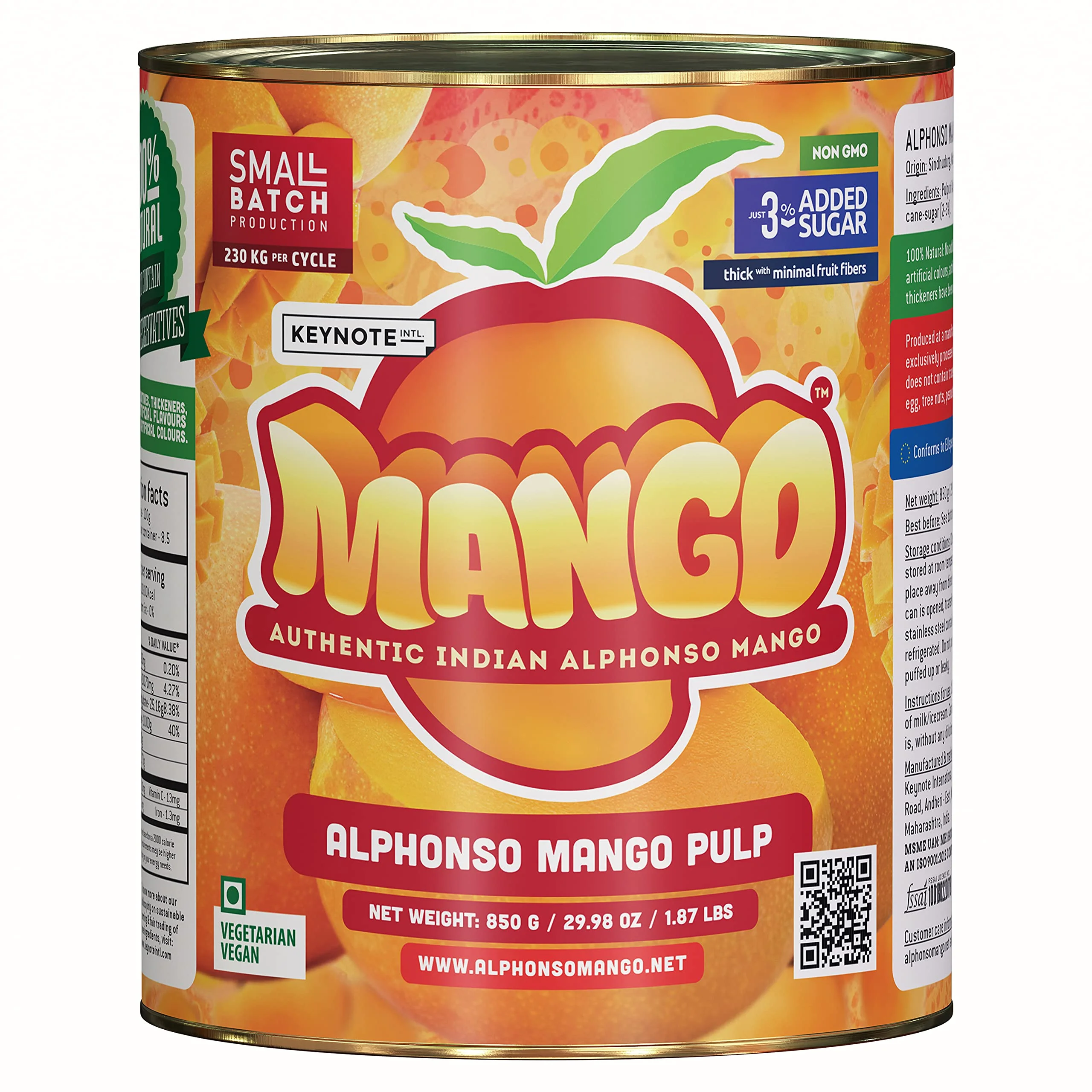 Keynote Alphonso Mango Pulp | Gi Ratnagiri Mangoes | Laboratory Certified | Export Grade | Pulp With 3% Added Sugar 850 G