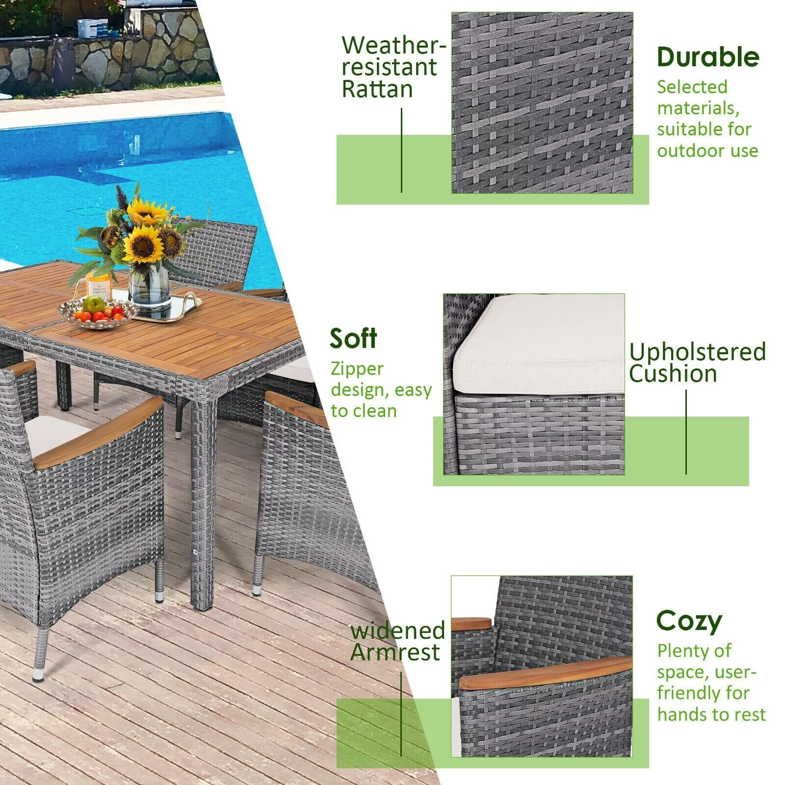 Gray 7PCS Patio Rattan Dining Set Cushioned Chair Wood Table Mix
