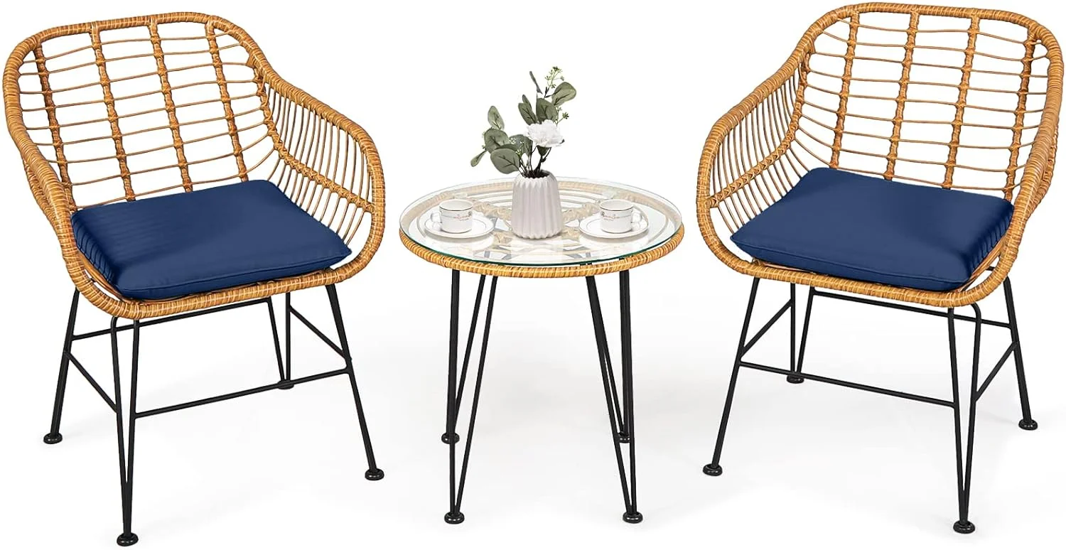 3PCS S Rattan Bistro Furniture Set Cushioned Chair Table Navy