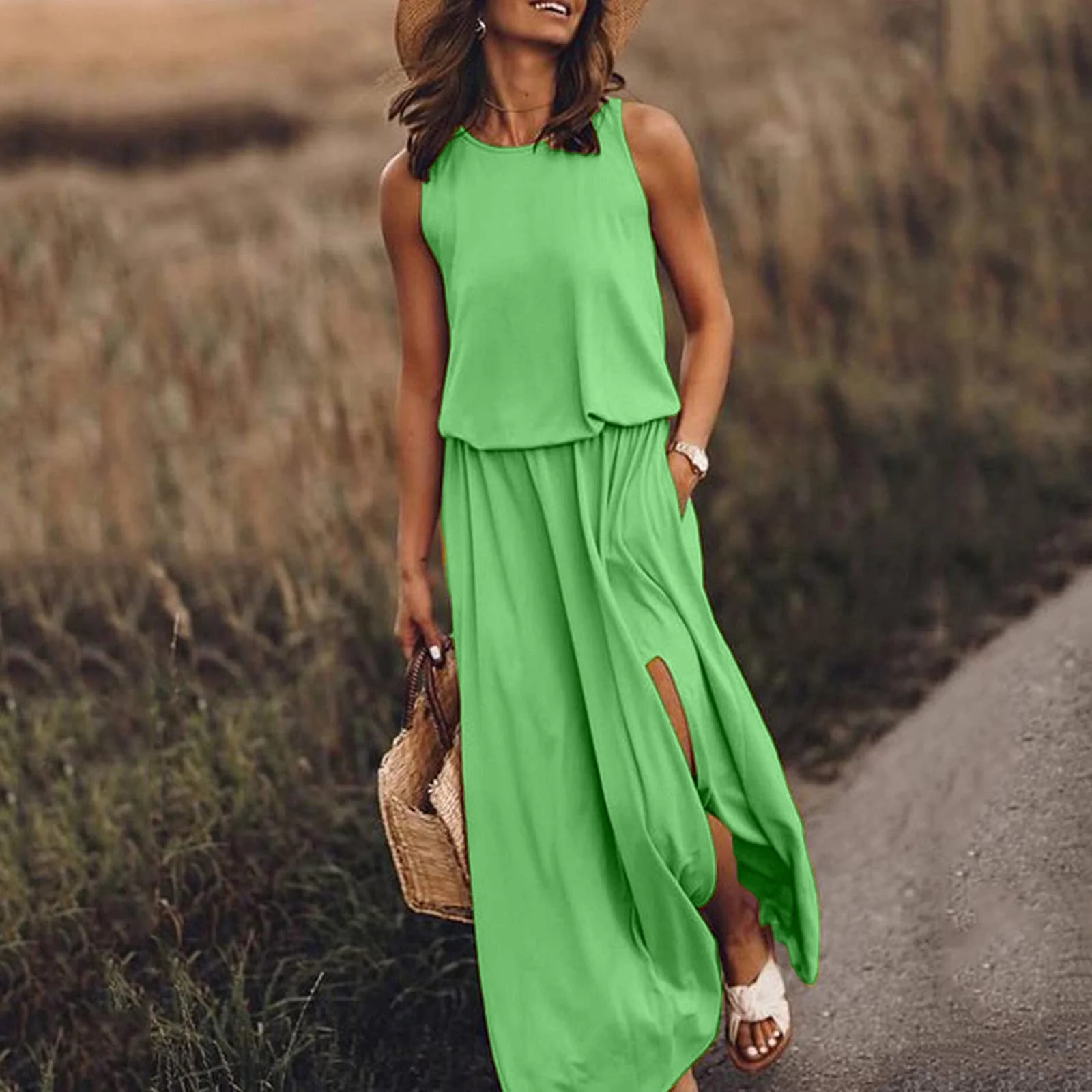 Spring Maxi Skirt Women Round Neck Sleeveless Dress With Slit Multi Color Solid Color Long Skirt Maxi Skirts For Women Uk Elasticated Waist